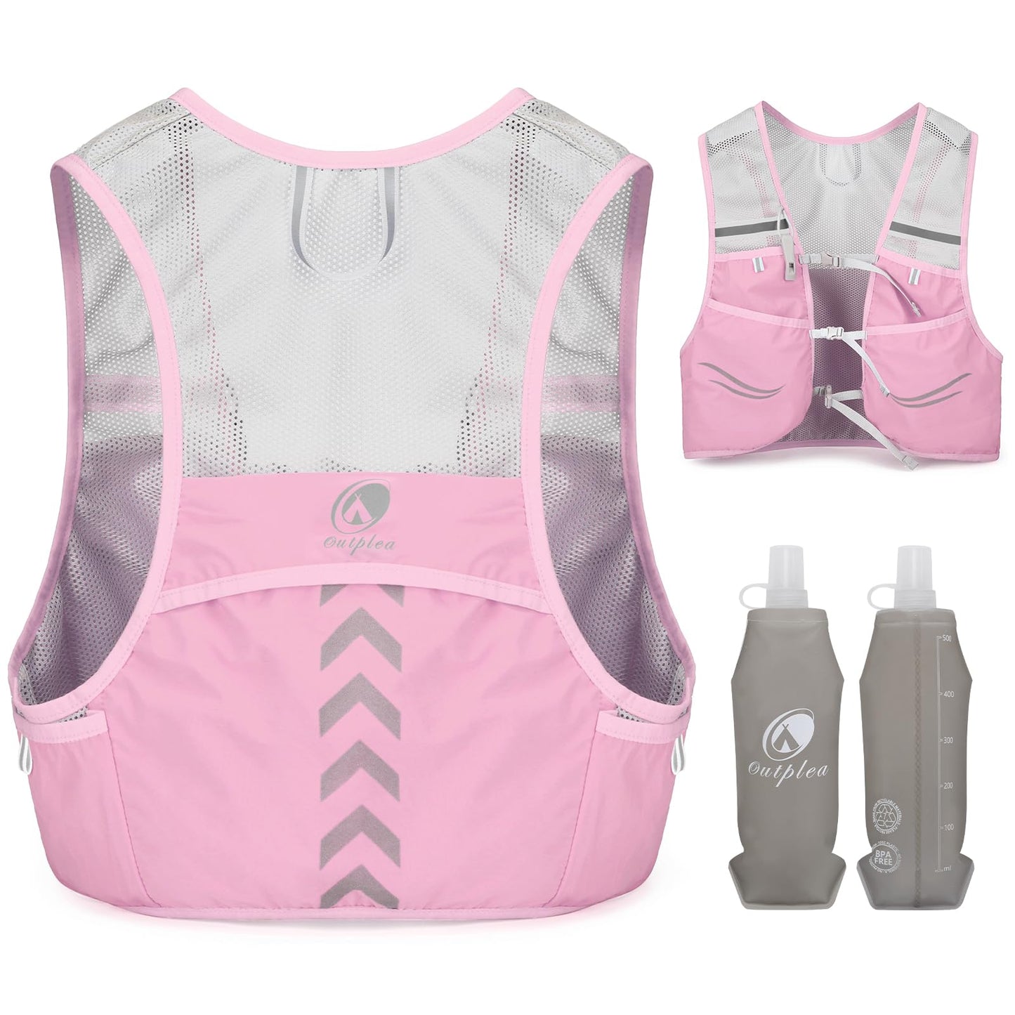 Outplea running vest for women with 2*500ml soft water bottle, ultralight running backpack quick drying, hydration pack reflective vest for jogging, trail running, cycling, pink
