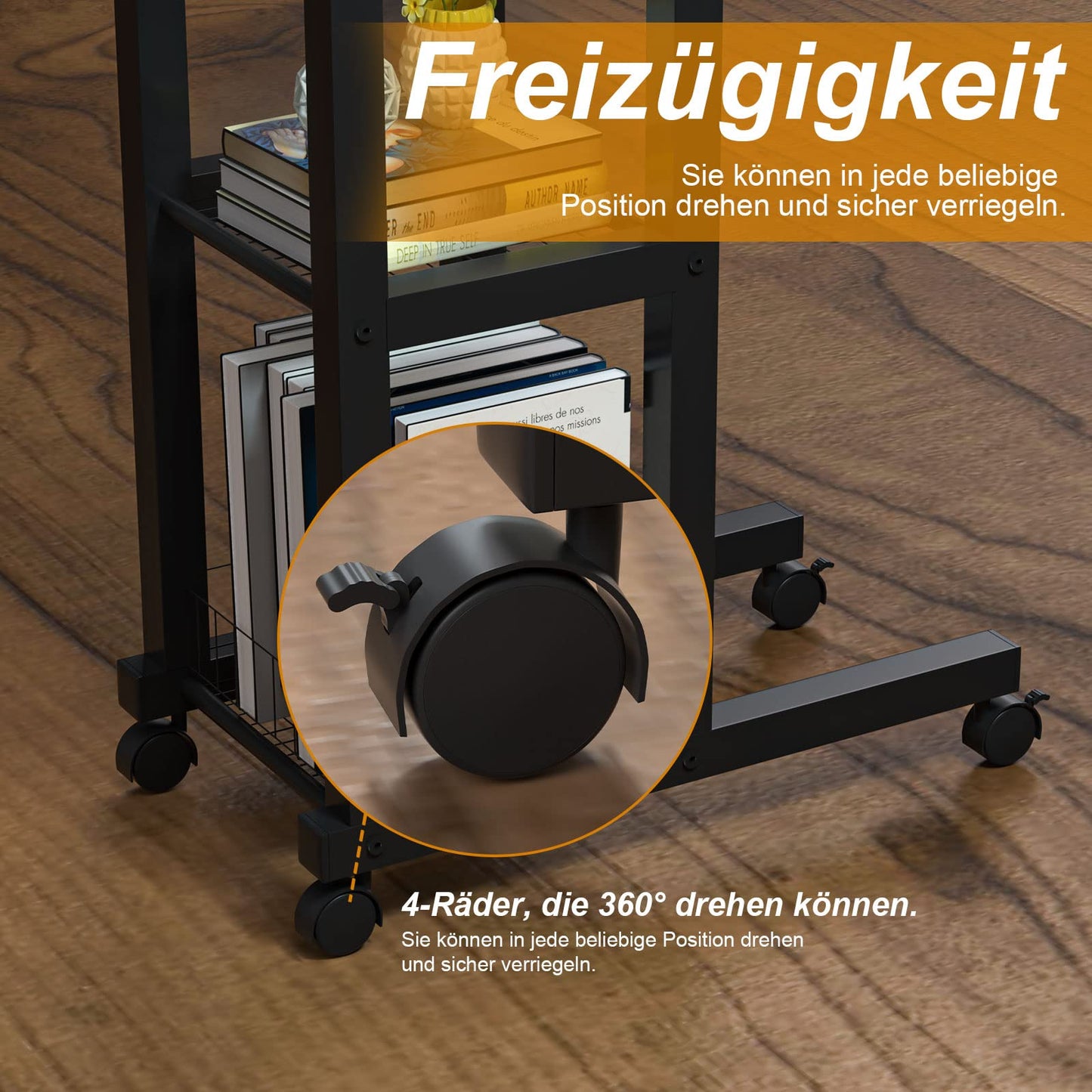 PIPIPOXER side table with wheels laptop table, computer desk height adjustable desk made of wood with 60x30x65cm table top and 4 swivel 360° wheels for computer, laptop, bedroom, office black
