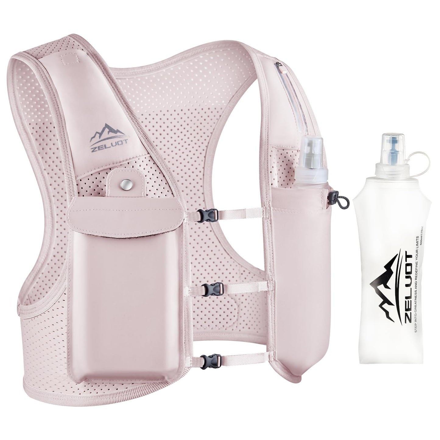 Zelvot running vest for men and women, European original patent, Adjustable chest straps, Hydration vest for running with 500ml water bottle, Reflective hydration pack with phone holder (Pink, XS/S)