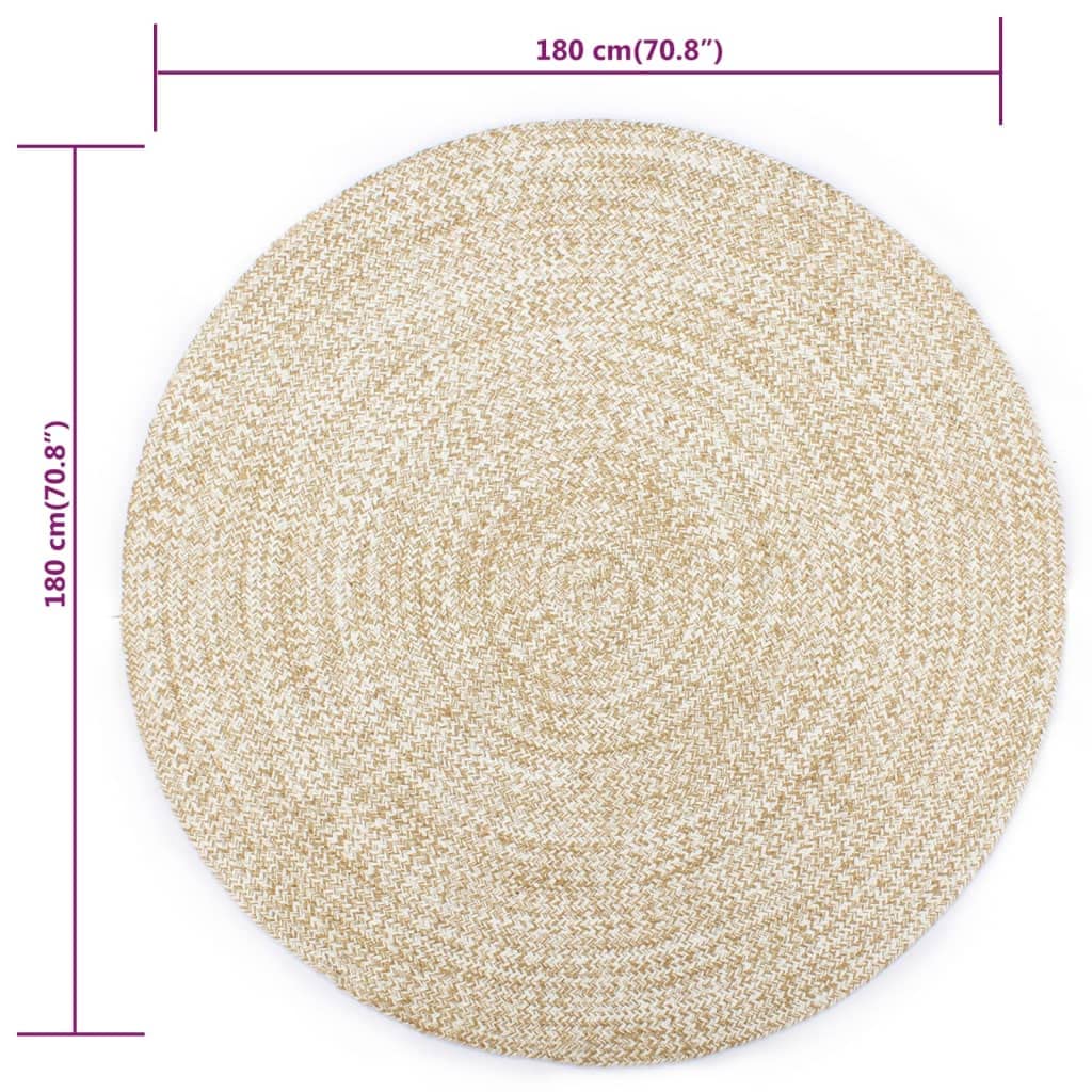 Handmade Jute White and Brown 180 cm Carpet Round Outdoor Rug Washable Living Room Carpet Small Two-Tone