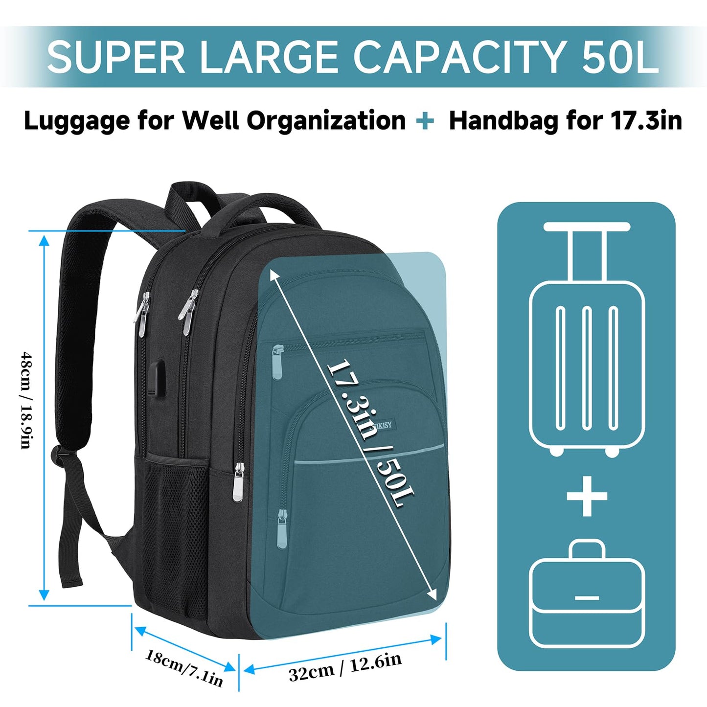 Large Backpack for Men, Waterproof Laptop Backpack 17.3 Inch School Backpack with USB Charging Port Anti Theft Business Work Travel Backpack for Teenage Boys Men (Black)