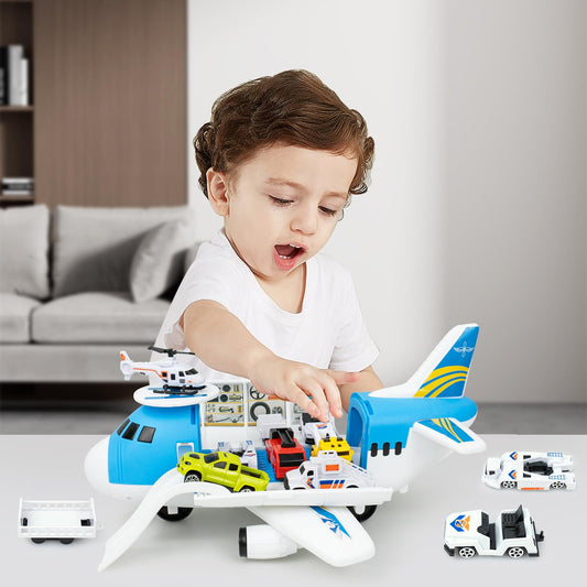 RedCrab airplane playset, transport airplane toy with car, helicopter, and ramp. Children's vehicle learning toy, toy car set, gift for kids ages 3 and up.