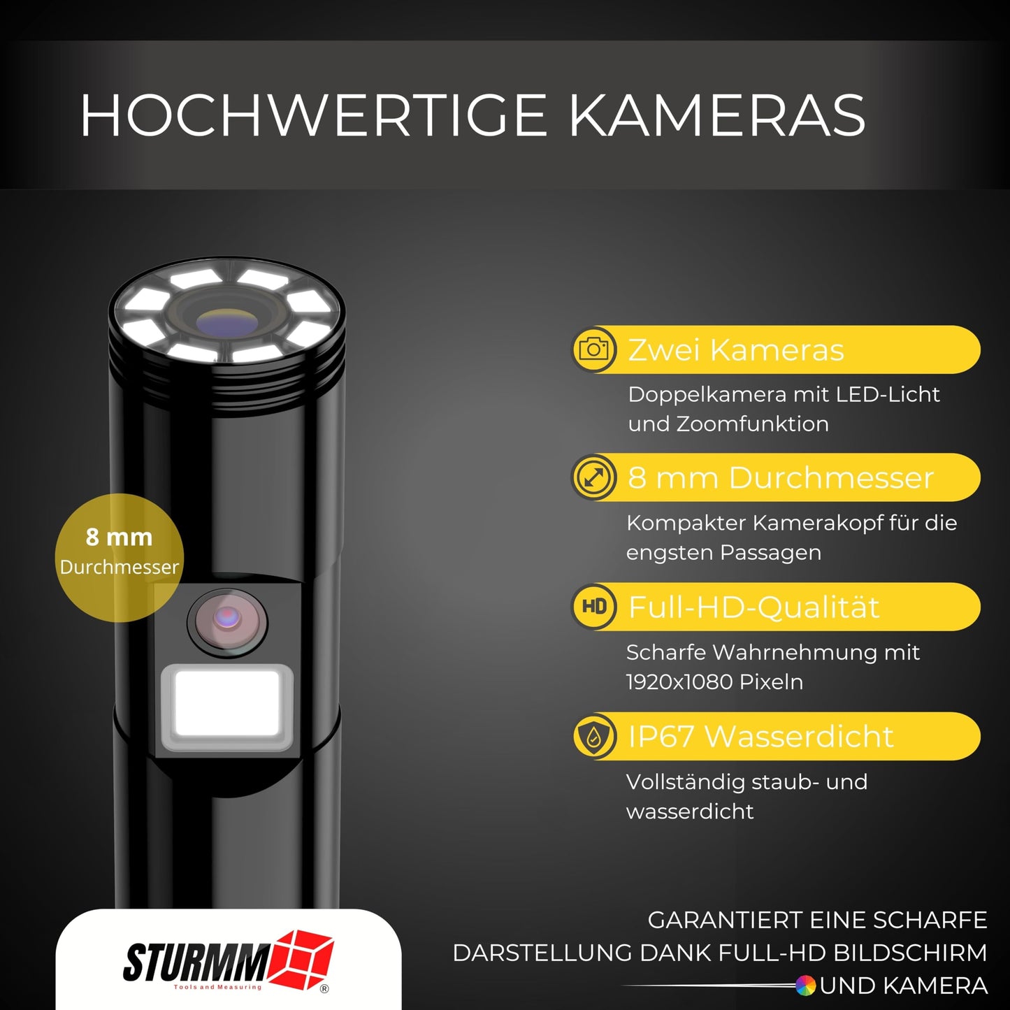 Industrial endoscope with dual camera, 10-meter cable, and 4.5-inch IPS display.