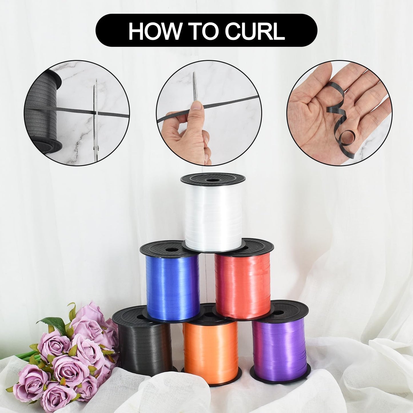457m of striped ribbon, balloon ribbon for art and craft, decoration, gift wrapping, ribbons and bows for Halloween, Christmas, New Year, birthday, gifts (black and purple)