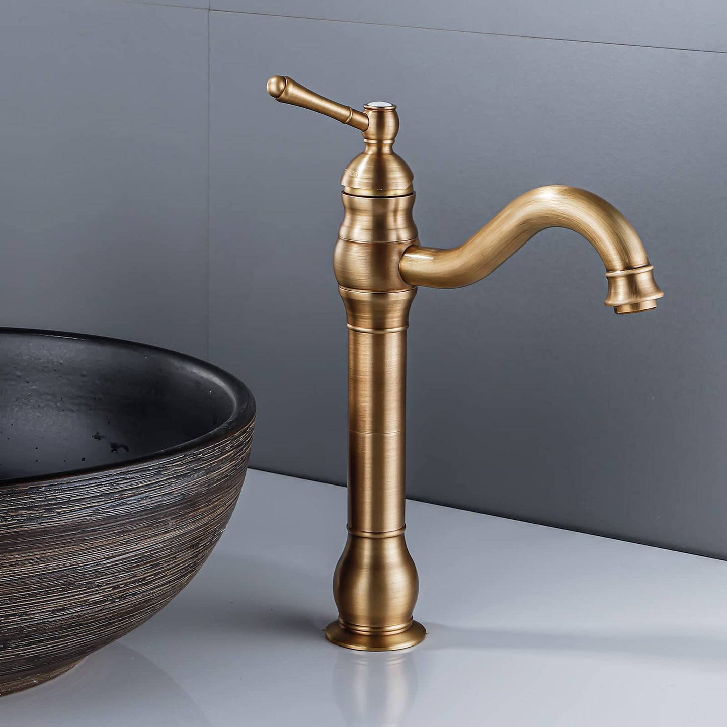 FWZZQ Bathroom Faucet Antique Brass, Bathroom Sink Faucet High 360° Rotatable, Retro Basin Faucet, Single Lever Mixer Tap Bathroom Faucet High Spout for Bathroom