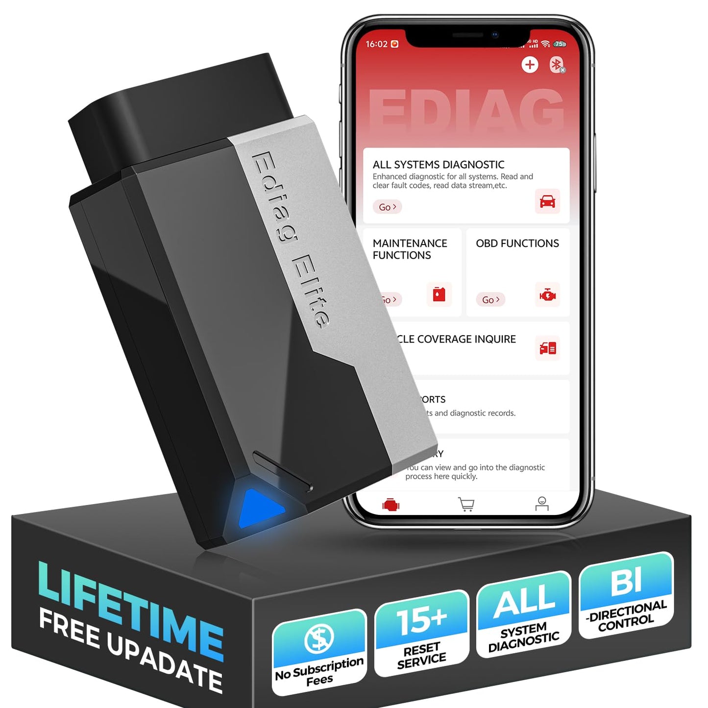 KINGBOLEN EDIAG Elite OBD2 diagnostic device with Bluetooth, full system coverage, 15 resets, active tests, vehicle performance test for iPhone & Android, FCA and Can FD, lifetime updates.
