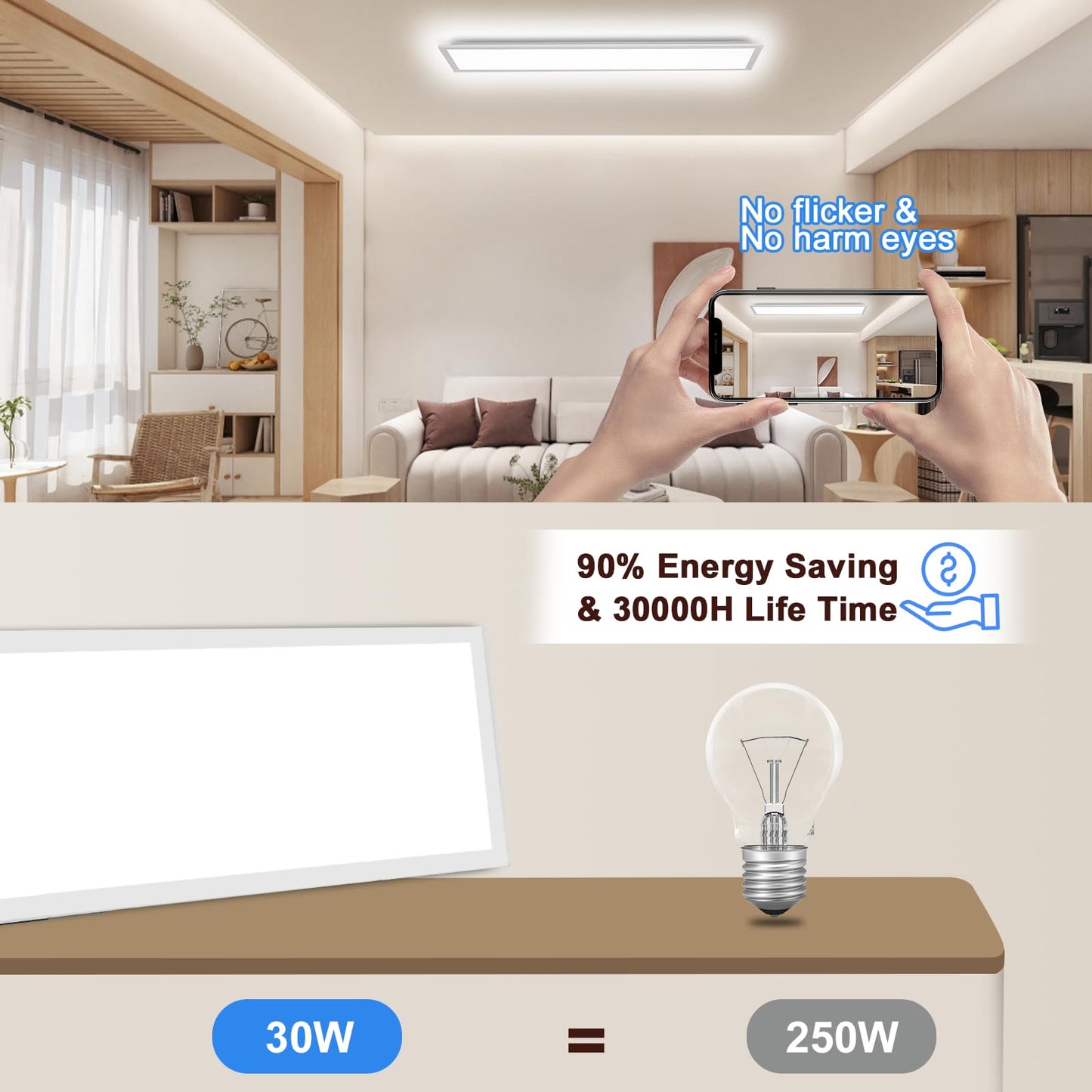 IEGLED LED ceiling light panel, 100x25cm flat dimmable ceiling lamp with remote control, 30W ceiling panel light with memory function, 2700K-6500K LED light panel for living room, hallway, bedroom, White