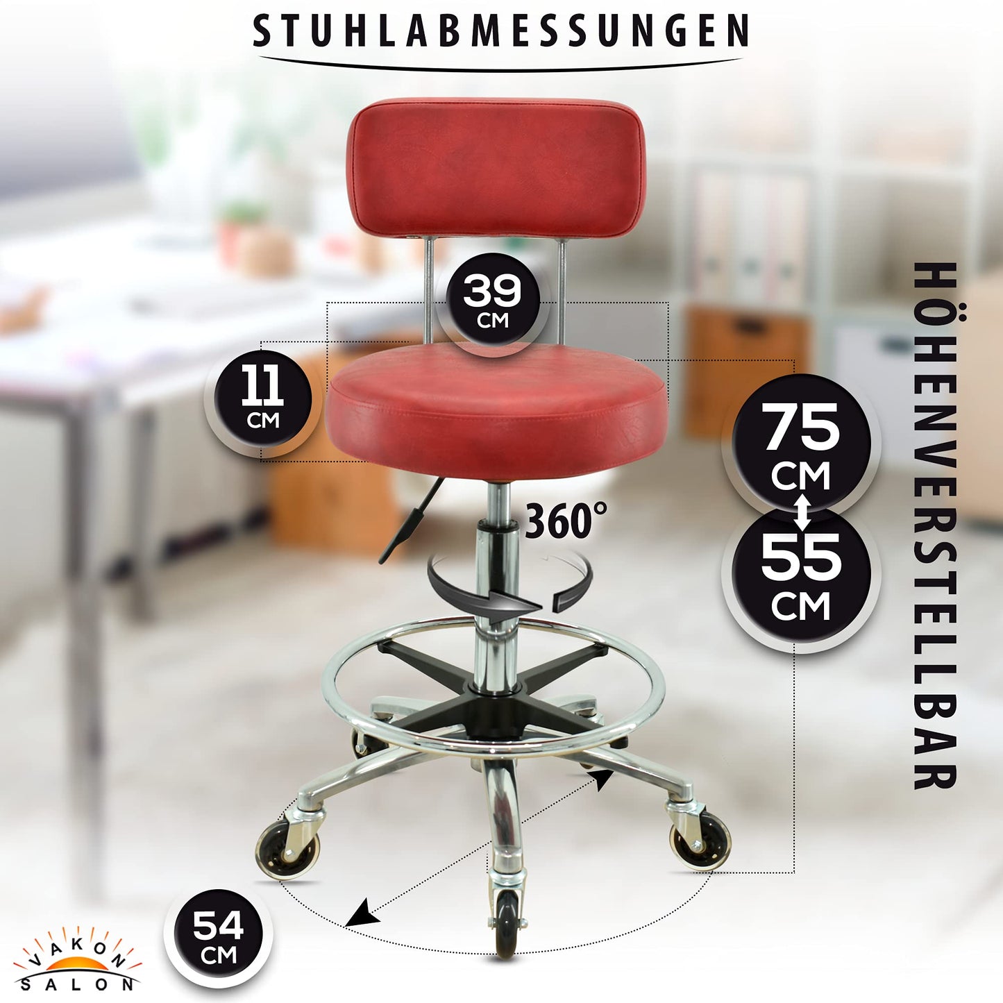 VAKON SALON - Premium rolling stool in red with backrest and foot ring - Height adjustable 55-75 cm - Round seat swivel stool work stool practice stool