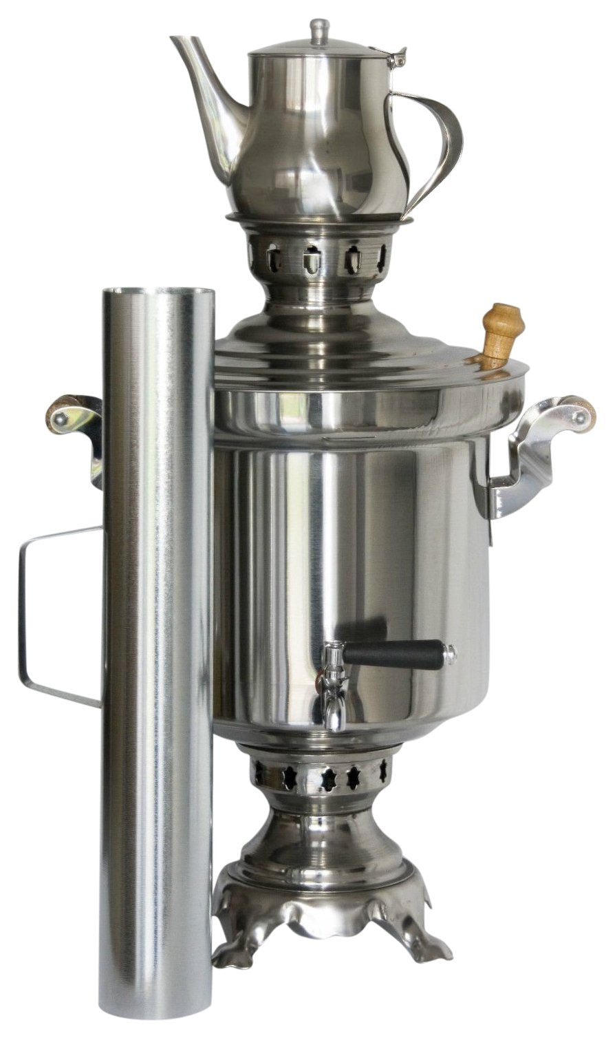 Russian/Turkish stainless steel charcoal samovar with 5 liters capacity and 1 liter teapot.