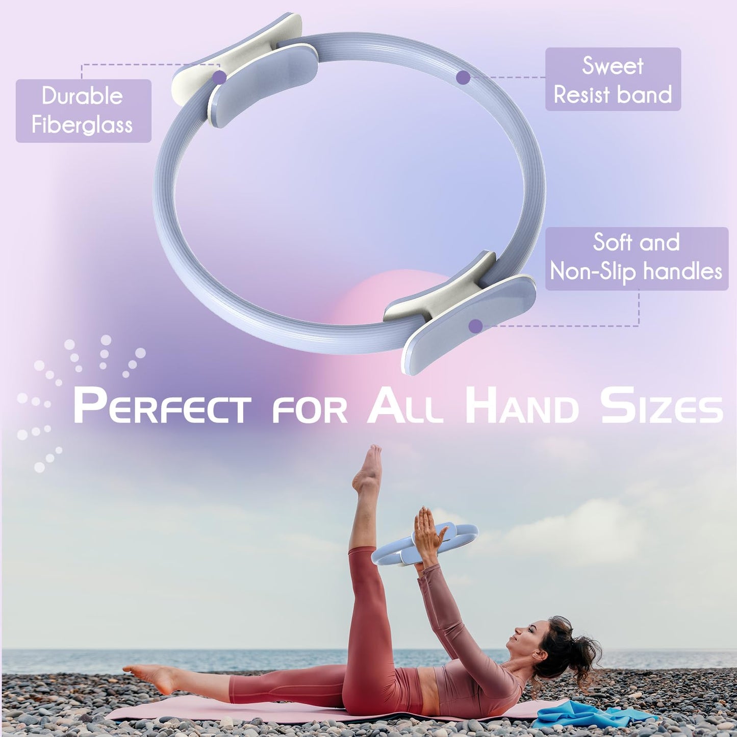 EgoNova Pilates Ring Set includes a 14-inch Magic Circle with dual padded handles, Pilates Mini Ball, and Resistance Bands (15, 25, 15.9 kg) for strength, flexibility, stability, and body toning (Blue).