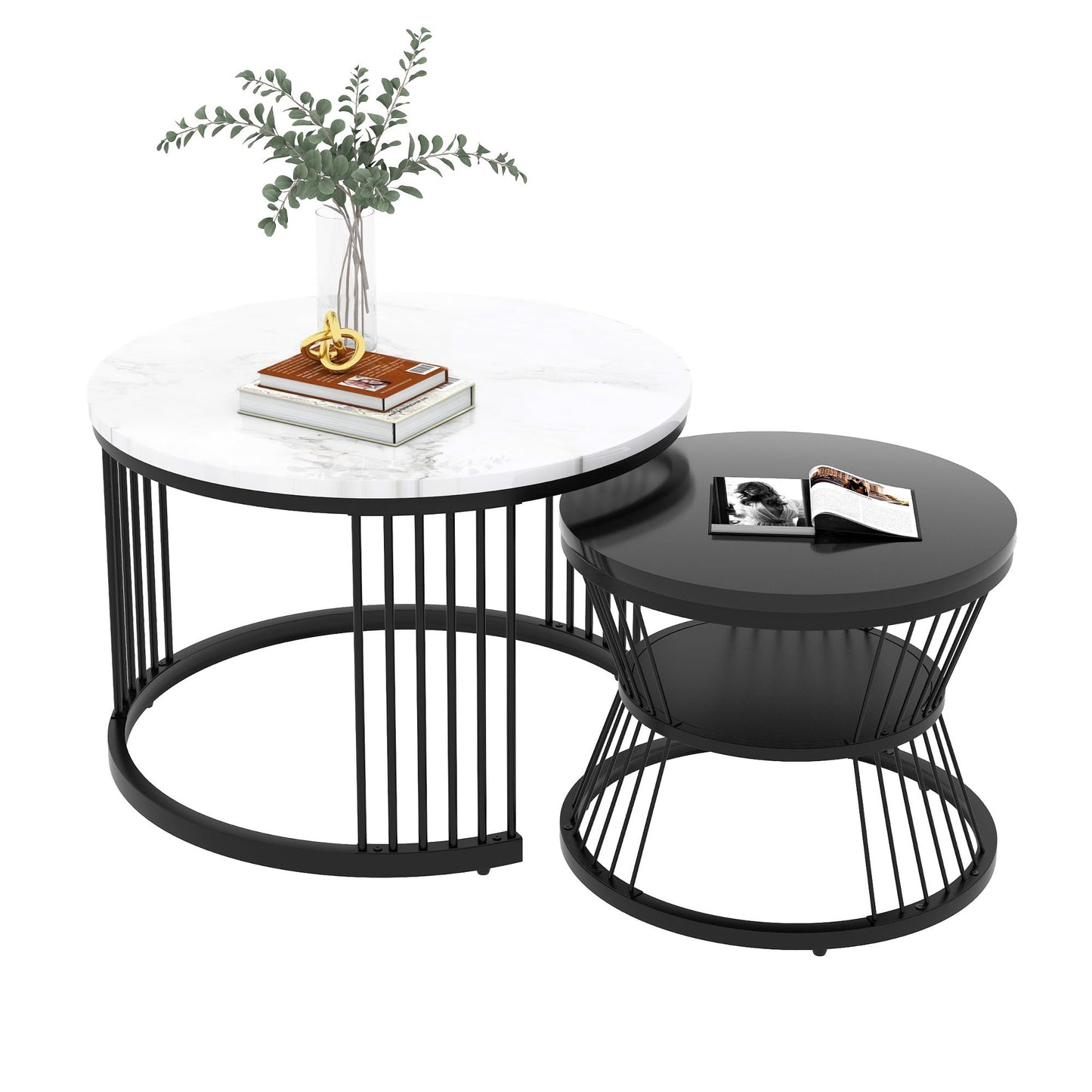 Merax Round Coffee Table 2 Piece Set, Modern Side Table with High Gloss Marble Effect for Living Room, Nesting Table for Reception Room, Balcony, and Office, Metal Frame, Black & White