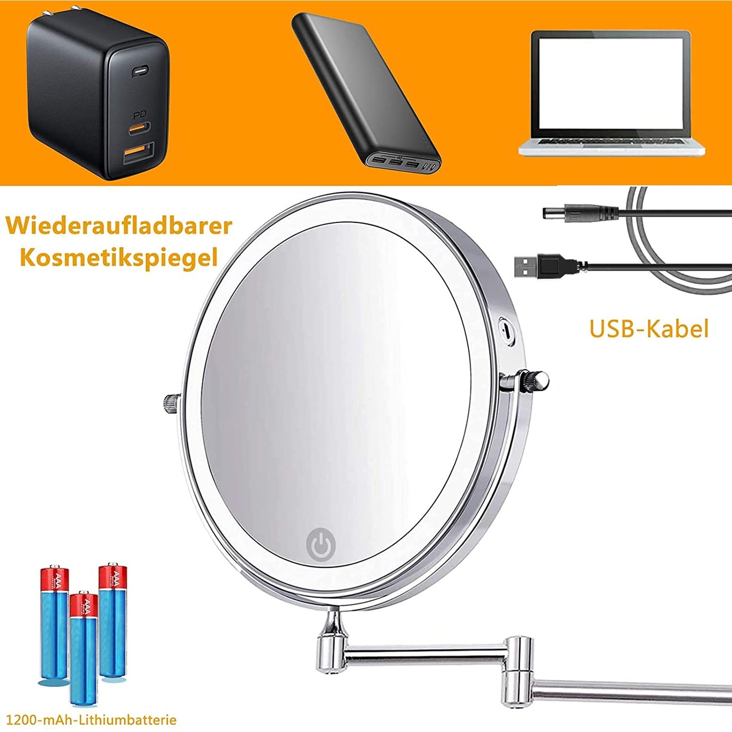 AUPERTO LED Lighted Makeup Mirror - Wall-mounted makeup mirror with 1x/10x magnification, touch button adjustable light, 360° swivel wall mount, and USB rechargeable for bathroom.