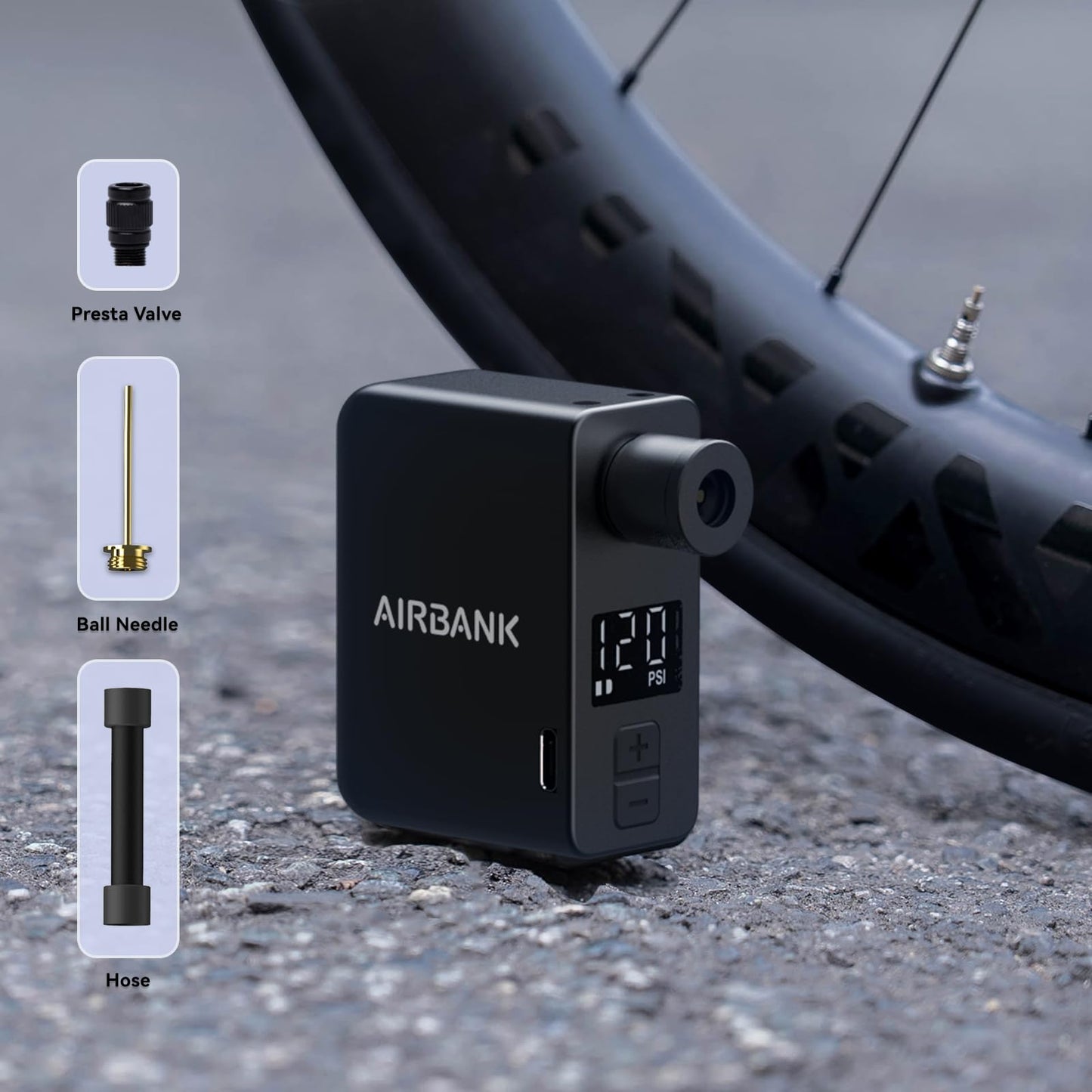AIRBANK Electric Bike Pump Pocket PRO, 120PSI Mini Bike Inflator, cordless bike pump with rechargeable battery for Shrader and Presta valves.