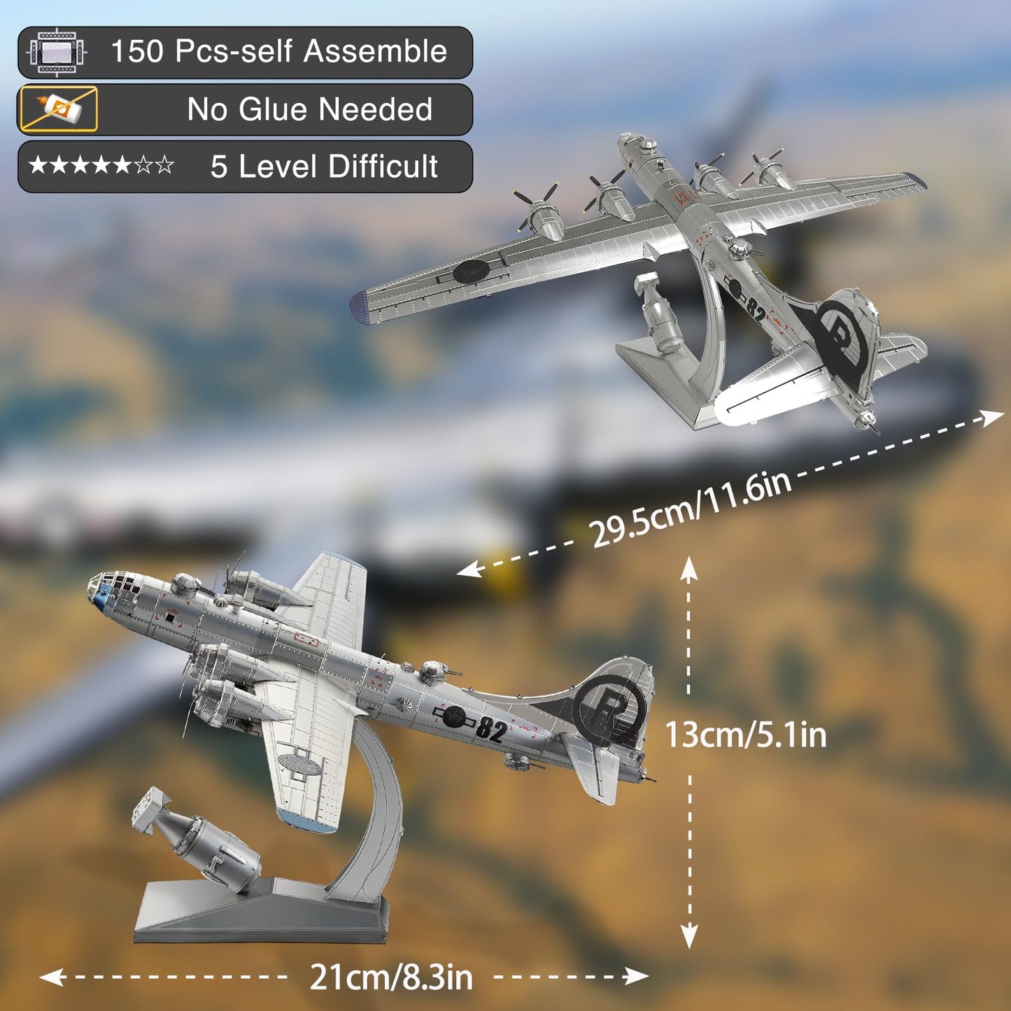 Piececool 3D Metal puzzle aircraft model B-29 Bomber Superfortress, for 340 stainless steel, full metal, 1:1 restore, birthday gift, adult model kit, 150 pieces.
