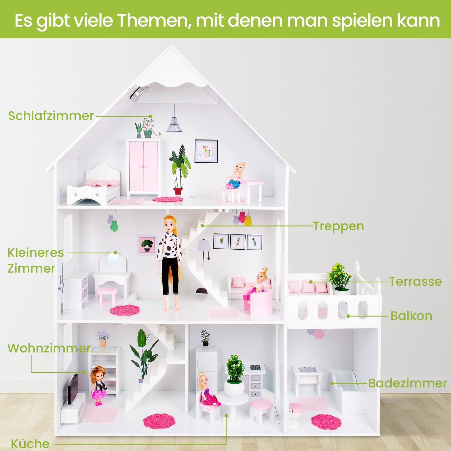 Green Series Wooden Dollhouse XXL - 3 floors with LED light & 57 accessories - For 30 cm fashion dolls (Barbie size) - 118 cm tall, 7 rooms
