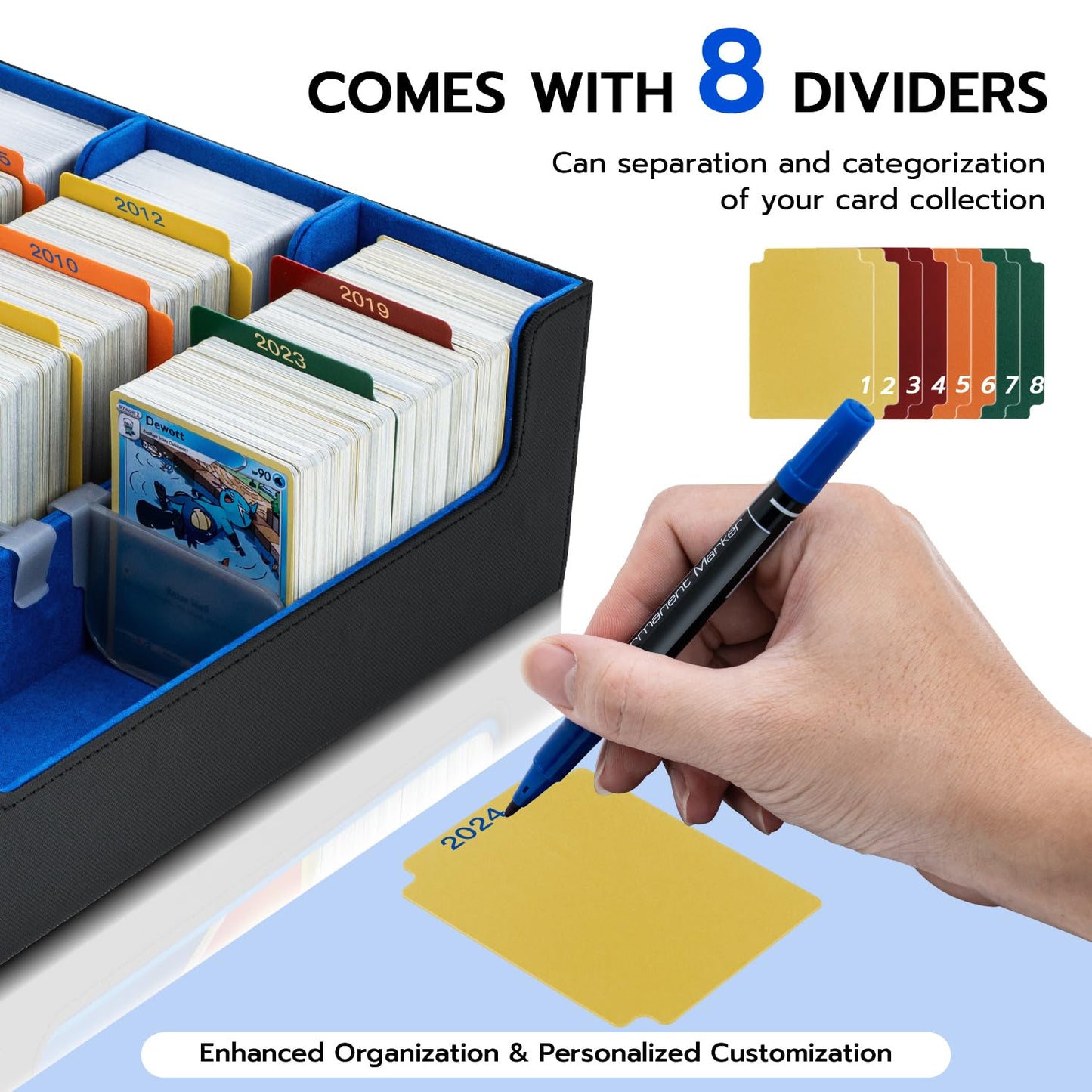 Tolesum Card Deck Box for MTG, Holds 1800+ cards with dividers, PU Leather Strong Magnetic Trading Card Storage Box Compatible with Magic Commander TCG Cards - Black and blue.