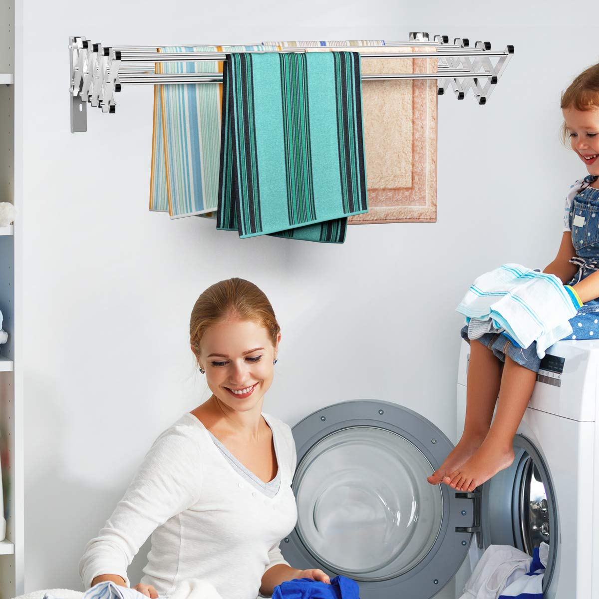 COSTWAY wall-mounted drying rack made of stainless steel with 8 rods, space-saving wall laundry dryer, load capacity 25 kg, for laundry room, bathroom.