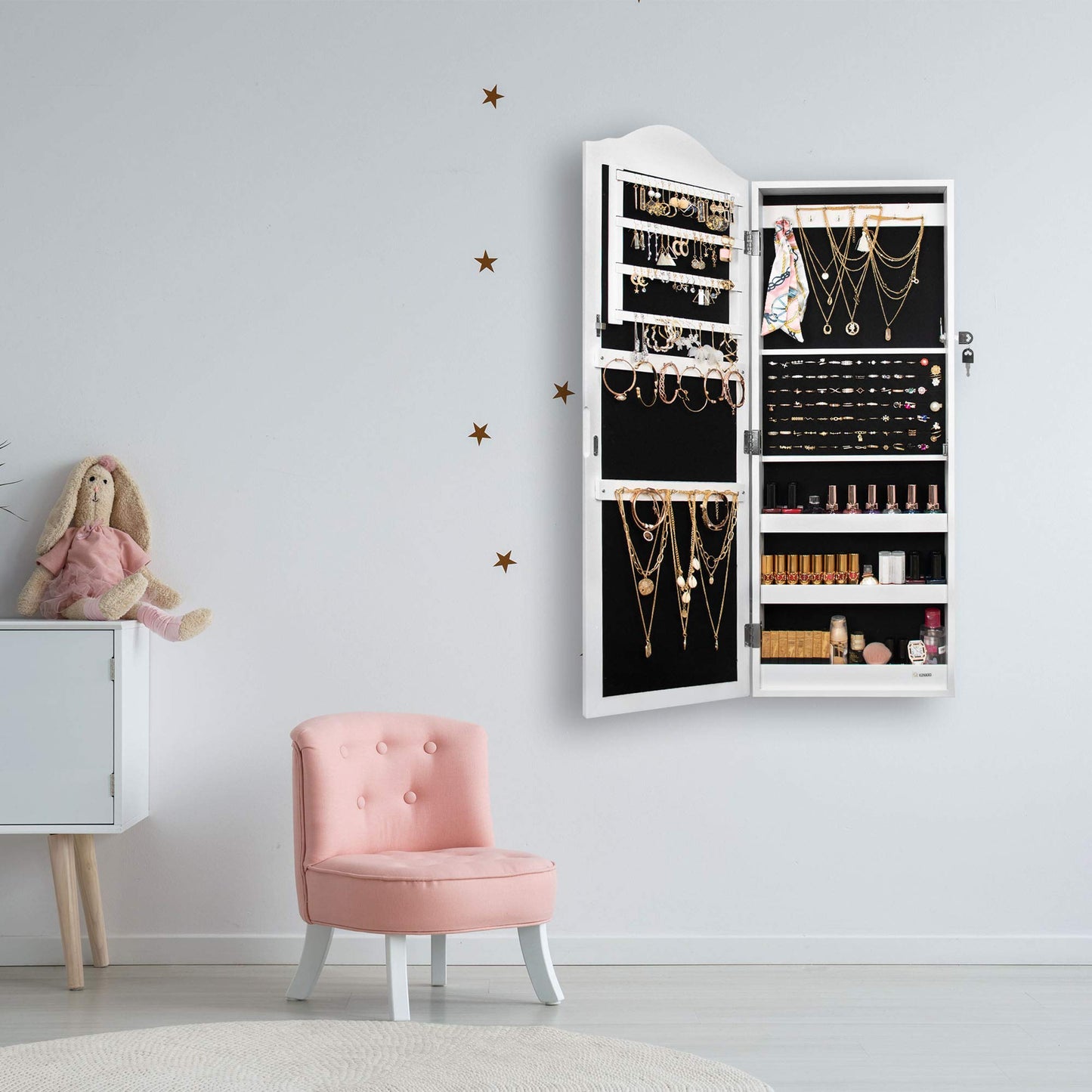 Ezigoo Large Jewelry Cabinet with Mirror - High capacity for jewelry storage, wall mountable and secure