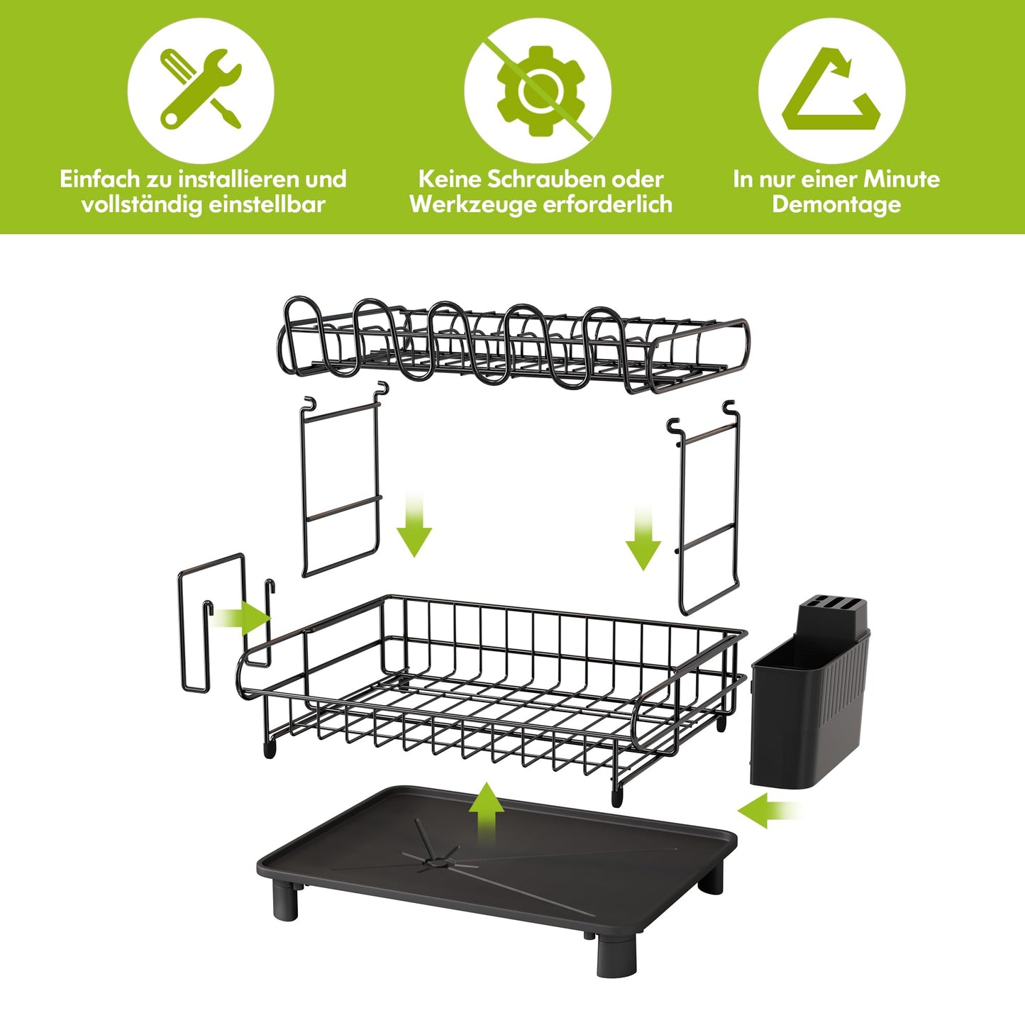 MAJALiS Dish Drying Rack, 2-Tier Dish Rack with Drip Tray, Stainless Steel Dish Rack with Utensil Holder, Rotating Spout, Black