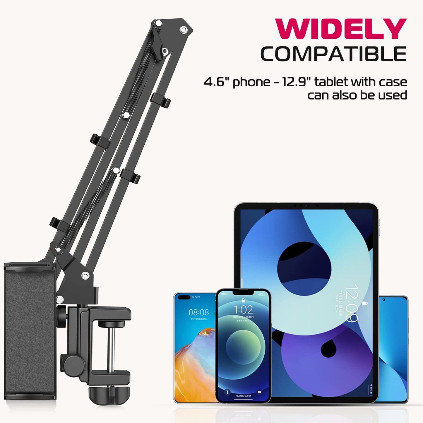 ULANZI Tablet Holder for Bed & Desk - 360° Rotatable Universal Mount with Spring Technology for iPads, Tablets, Phones or other devices with 4.6 to 12.9 inches, Strong Clamp Arm up to 1.2 kg.