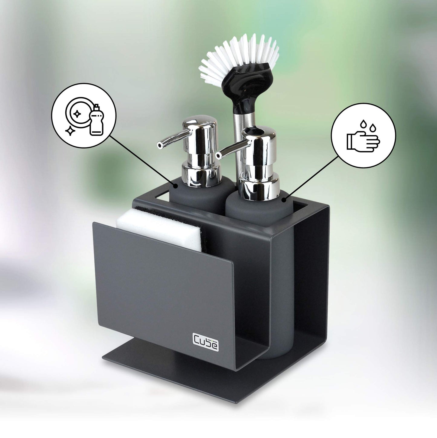 Cube sink organizer set Made in Germany: Award-winning kitchen organizer including soap dispenser & dish brush - Elegant & practical sink organizer for a tidy kitchen - Grey sink set.