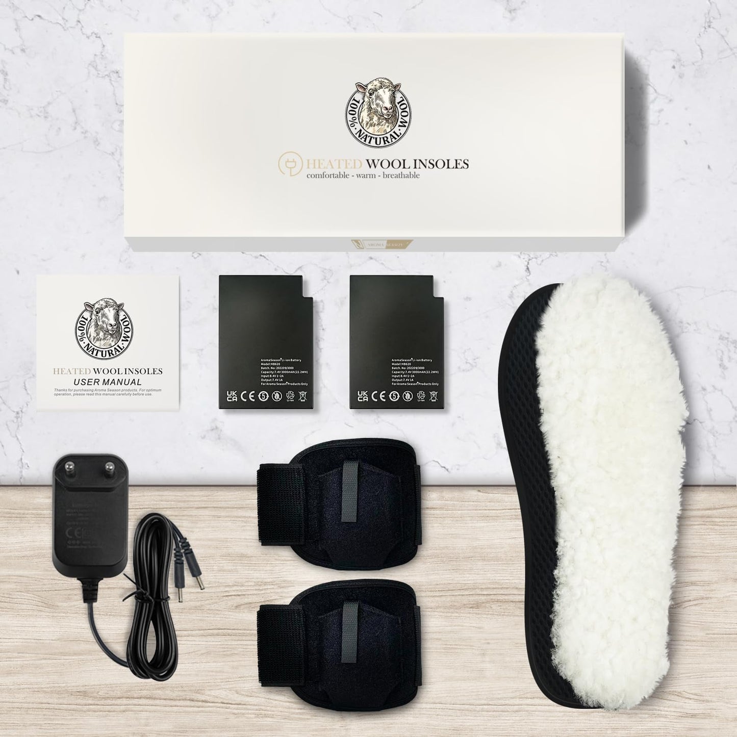 AROMA SEASON Heated insoles with sheep wool battery | Warm heated feet for skiing, snowboarding, hiking, fishing | High heating and battery performance | Shoe sole (Beige, Black, 39 EU)