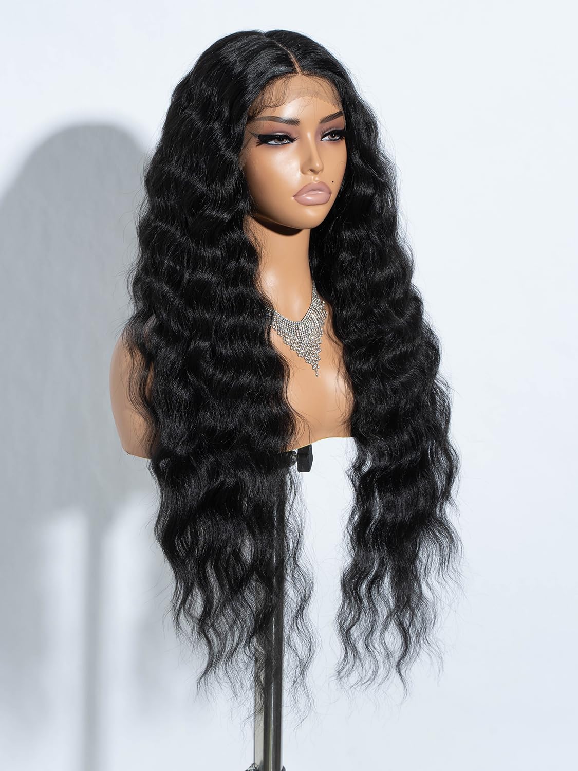 Joedir Lace Front Wigs 76CM long wavy synthetic wig deep part HD transparent lace with baby hair for women 130% density wigs (black)