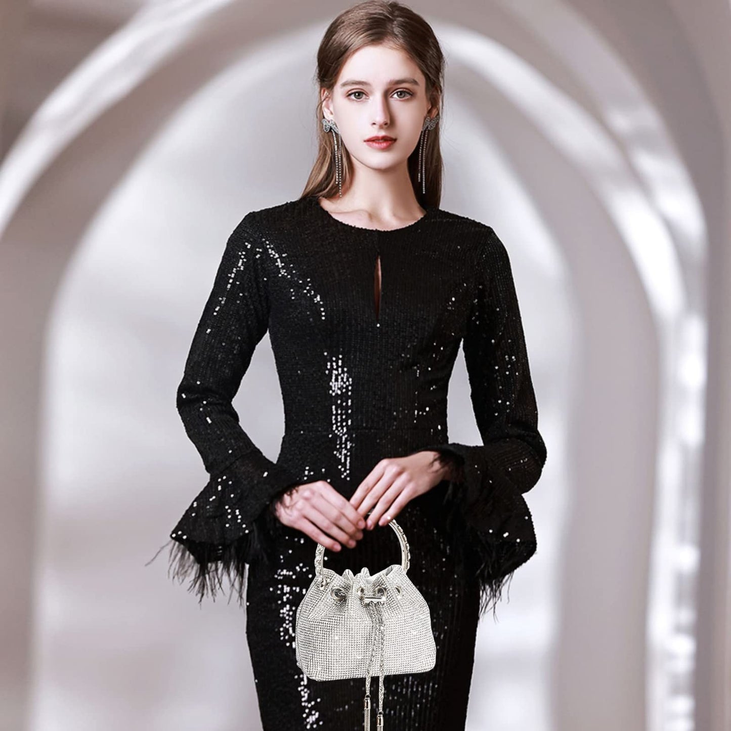 NICOLE & DORIS Women's Bag Rhinestone Elegant Handbag Clutch Glitter Evening Bag Bucket Bag Purse Rhinestones Shoulder Bag for Wedding Party Leisure Silver