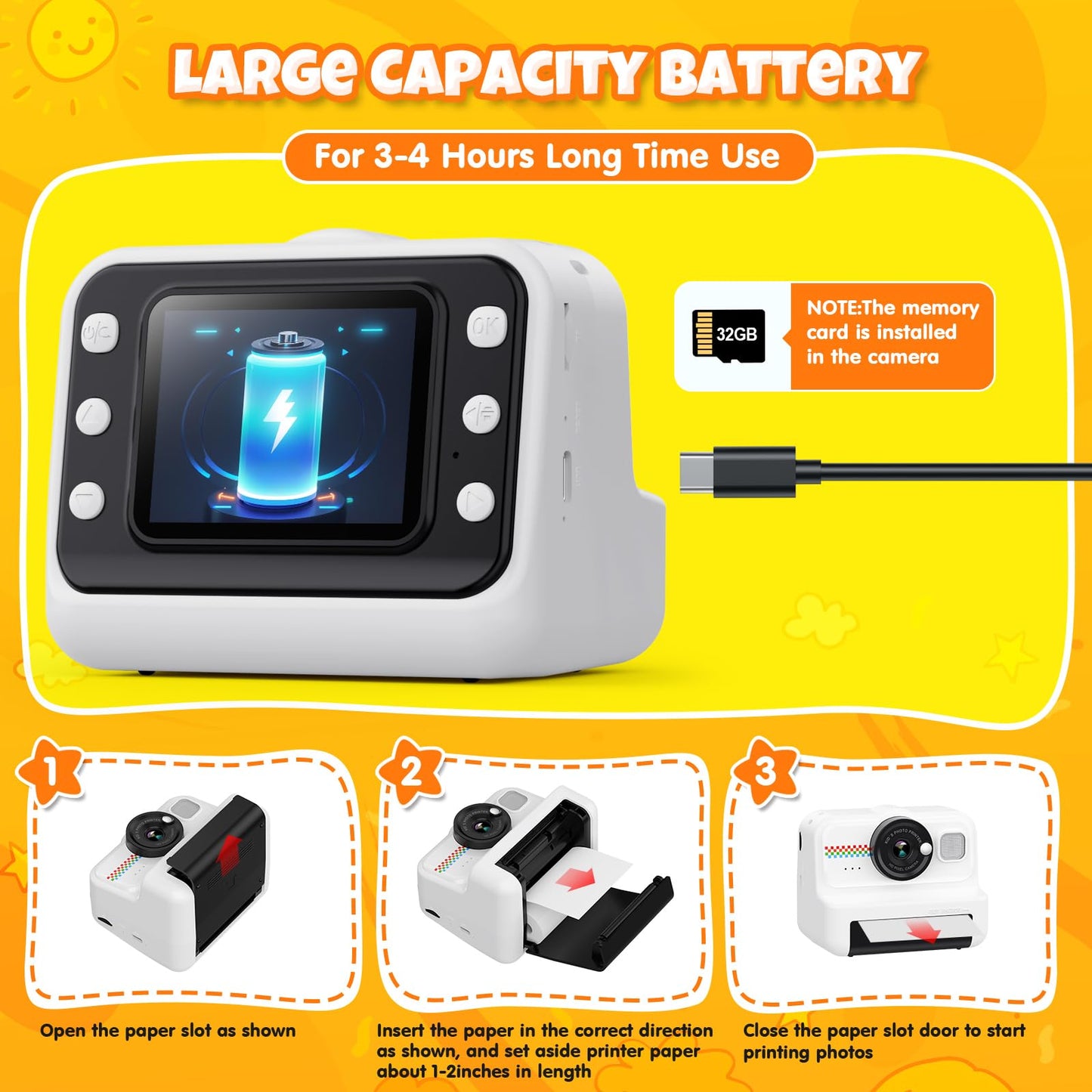 HiMont Kids Camera Instant Camera, 1080P Instant Camera for Kids with 32GB Card & 3 rolls of printing paper, fun kids' toy gifts for boys & girls aged 3-12 years.