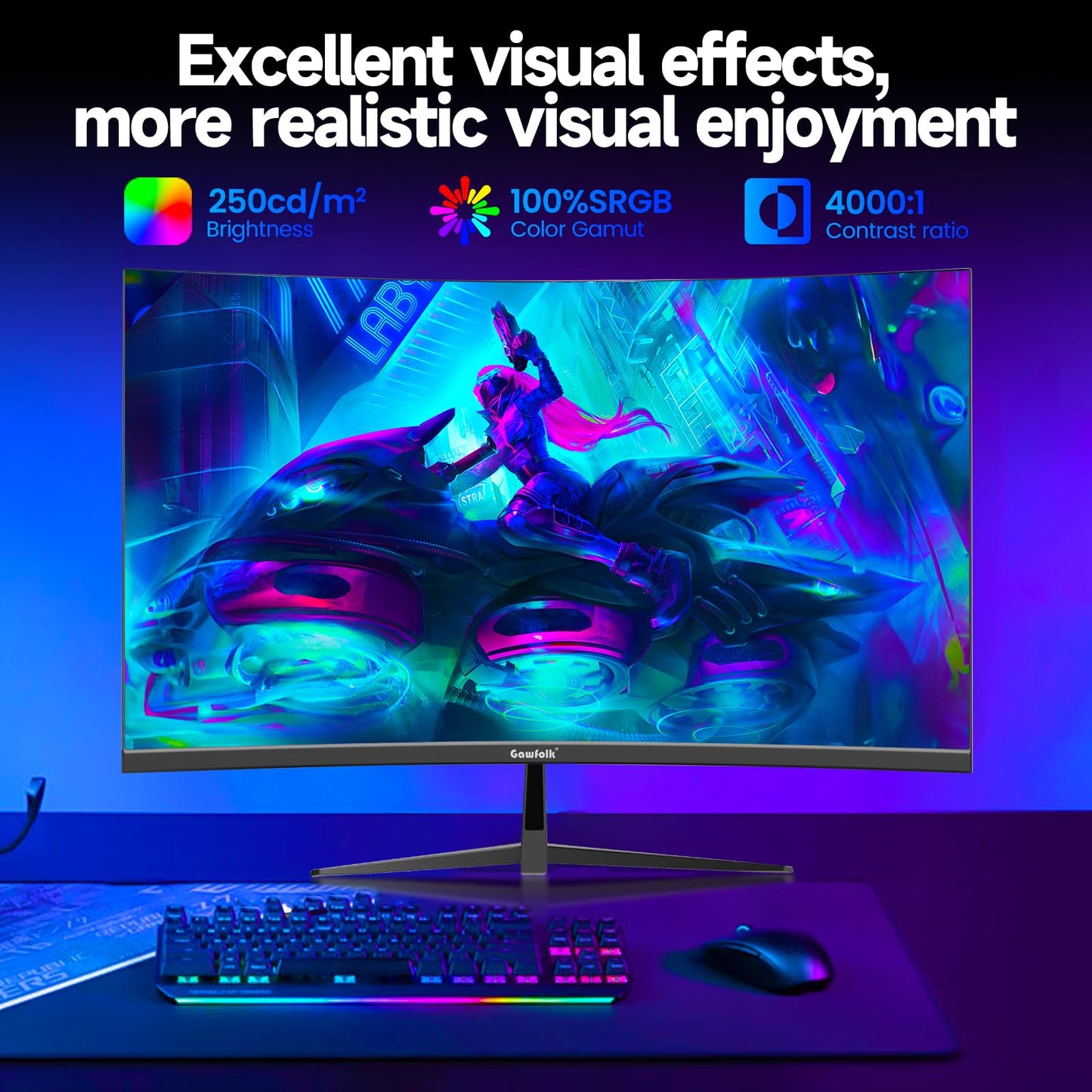 Gawfolk Gaming Monitor 32 Inch Curved, 240Hz PC Screen Full HD 1080P, Frameless 1800R Curved Computer Monitor supports VESA