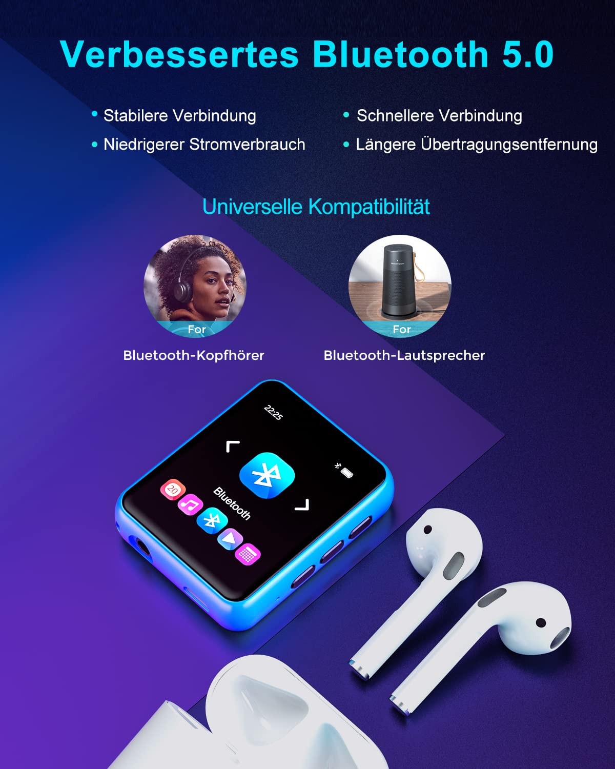 32GB MP3 Player Bluetooth 5.0 with Full Touchscreen, Lossless HiFi Music Player with Metal Casing, with FM Radio, Speaker, Line-in Recording, Support up to 128GB