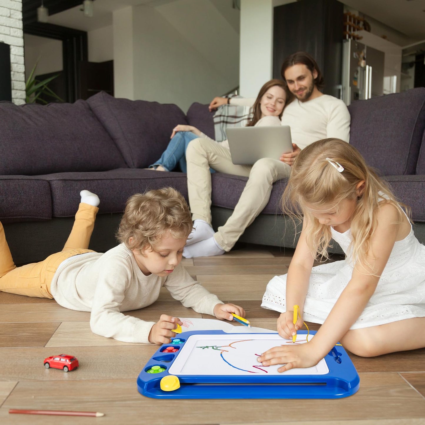 SGILE Large Magnetic Drawing Board, 42x32cm Doodle Board Magic Drawing Board Sketch Pad with 4 Shape Stamps for Kids 3+ Gift, Blue
