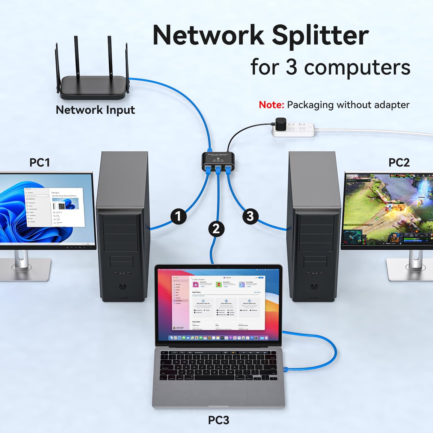 VEDINDUST LAN Switch 1 to 3 1000Mbps Network Splitter Aluminum Gigabit Ethernet Distributor With USB-C Power Cable for Computers, Routers, Set-Top Boxes