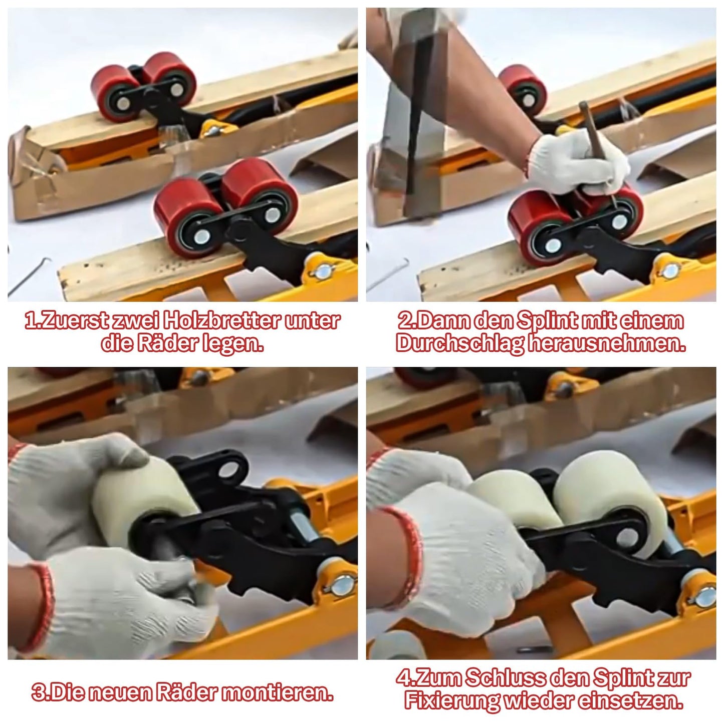 4 pieces of pallet truck wheels Polyurethane 80 x 70 mm, axle 20 mm incl. ball bearings. Wheels for pallet trucks replacement wheels, Max. load 600 KG.