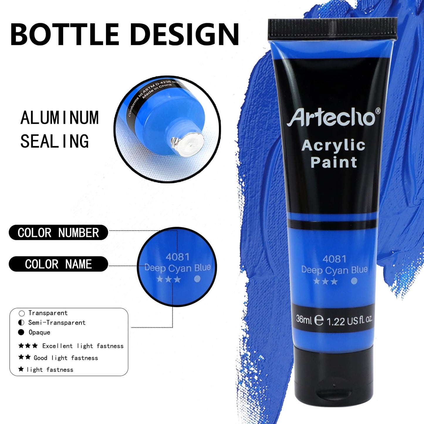 Artecho Acrylic Paint Set 48 x 36 ml, Waterproof and Lightfast, Quick Drying, Ideal for Canvas, Paper, and Fabric, Great for Christmas and other holidays.