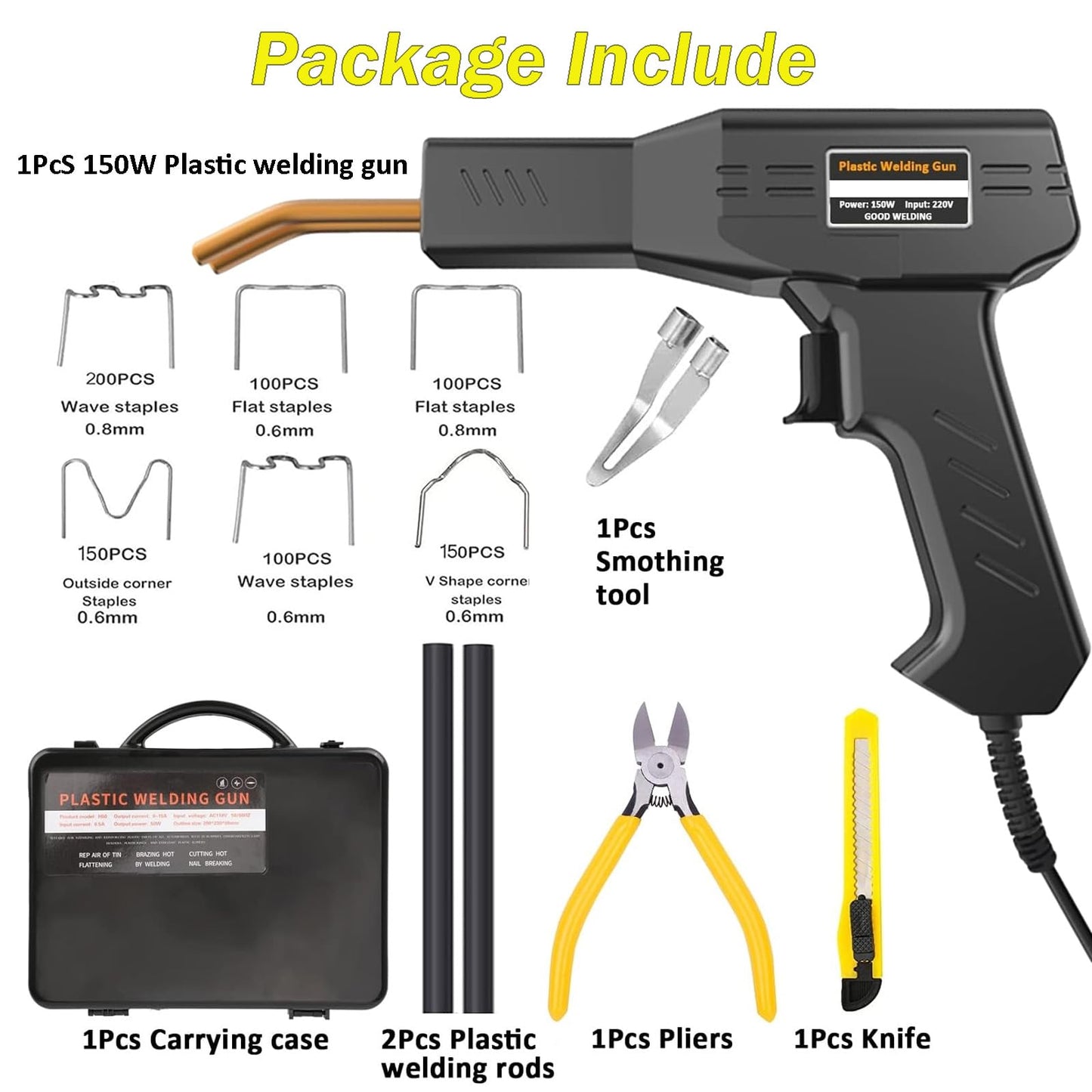 2-in-1 plastic welding machine, 150W plastic welding tool, plastic repair kit for car & motorcycle bumpers, welding kit with 800 pieces of welding nails (6 models)