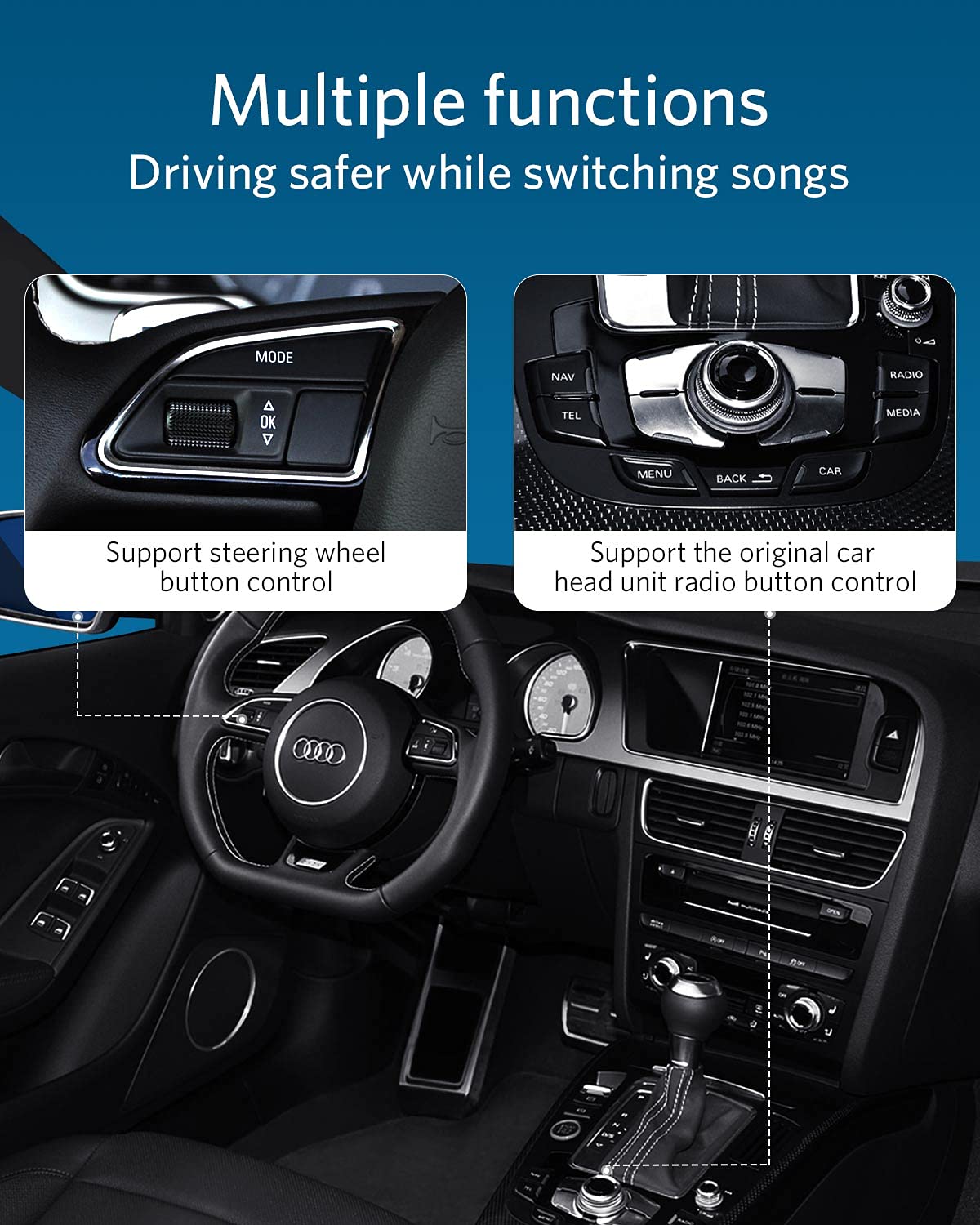 Airdual Bluetooth 5.0 adapter is compatible with Audi MMI 3G AMI Music Interface, Audi Symphony, Audi Concert, VW MDI, Mercedes Media Interface.