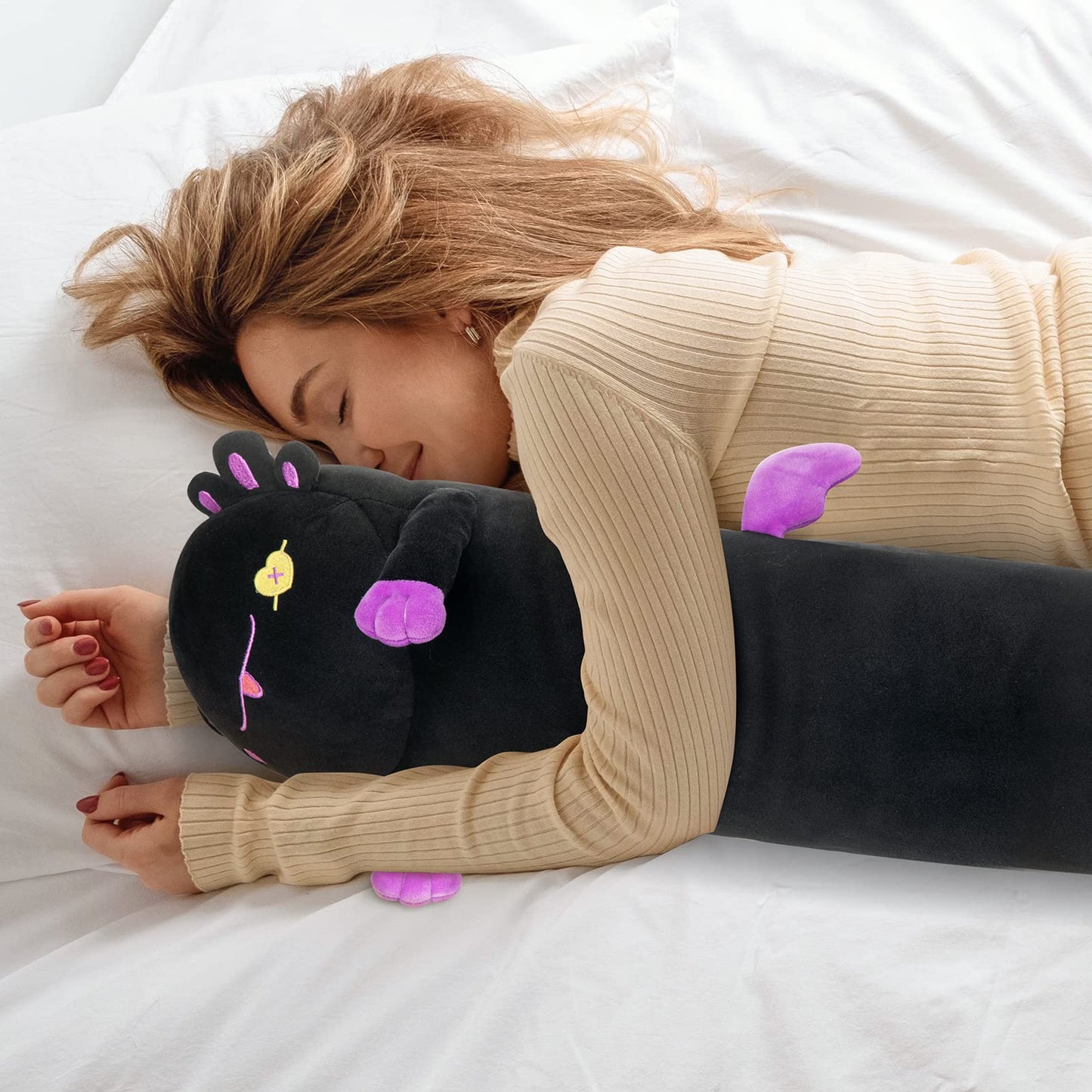 Mewaii Axolotl plush toy in black color, 110cm long. Made of soft fabric, great as a stuffed animal or cuddly pillow gift.
