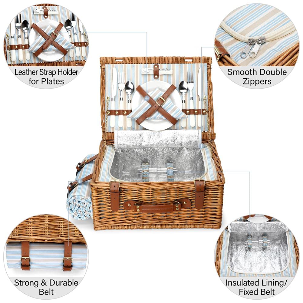 HappyPicnic Wicker Picnic Basket for 4 people, Willow Storage Hamper Service Gift Set for Camping and Outdoor Party (M for 2 Persons)