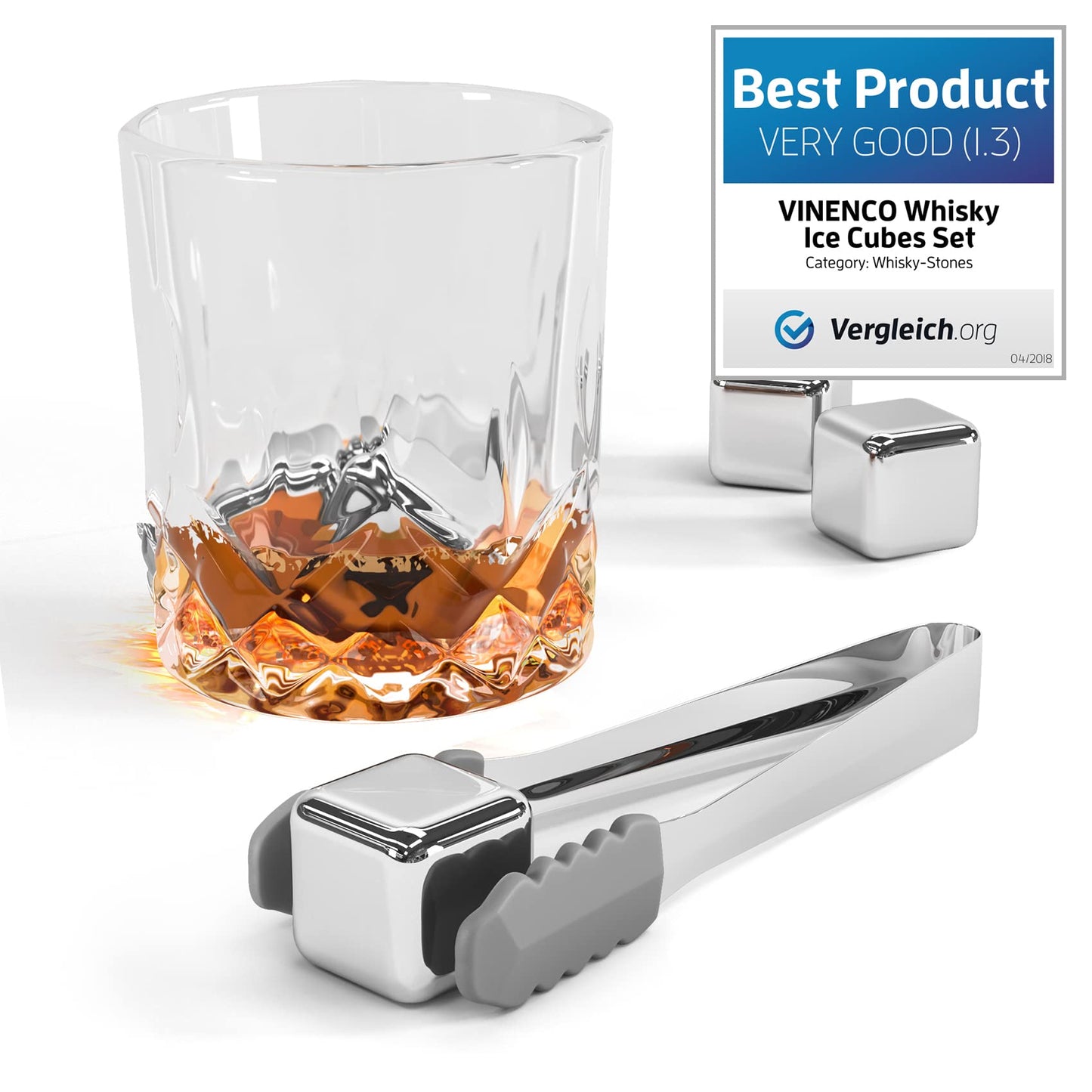 Whiskey Stones Set - 6 reusable stainless steel ice cubes + 2 glasses, tongs | Whiskey Ice Cubes Metal chilling stones bar accessories cocktail rocks gin stones decorative accessories gift whiskey stones.