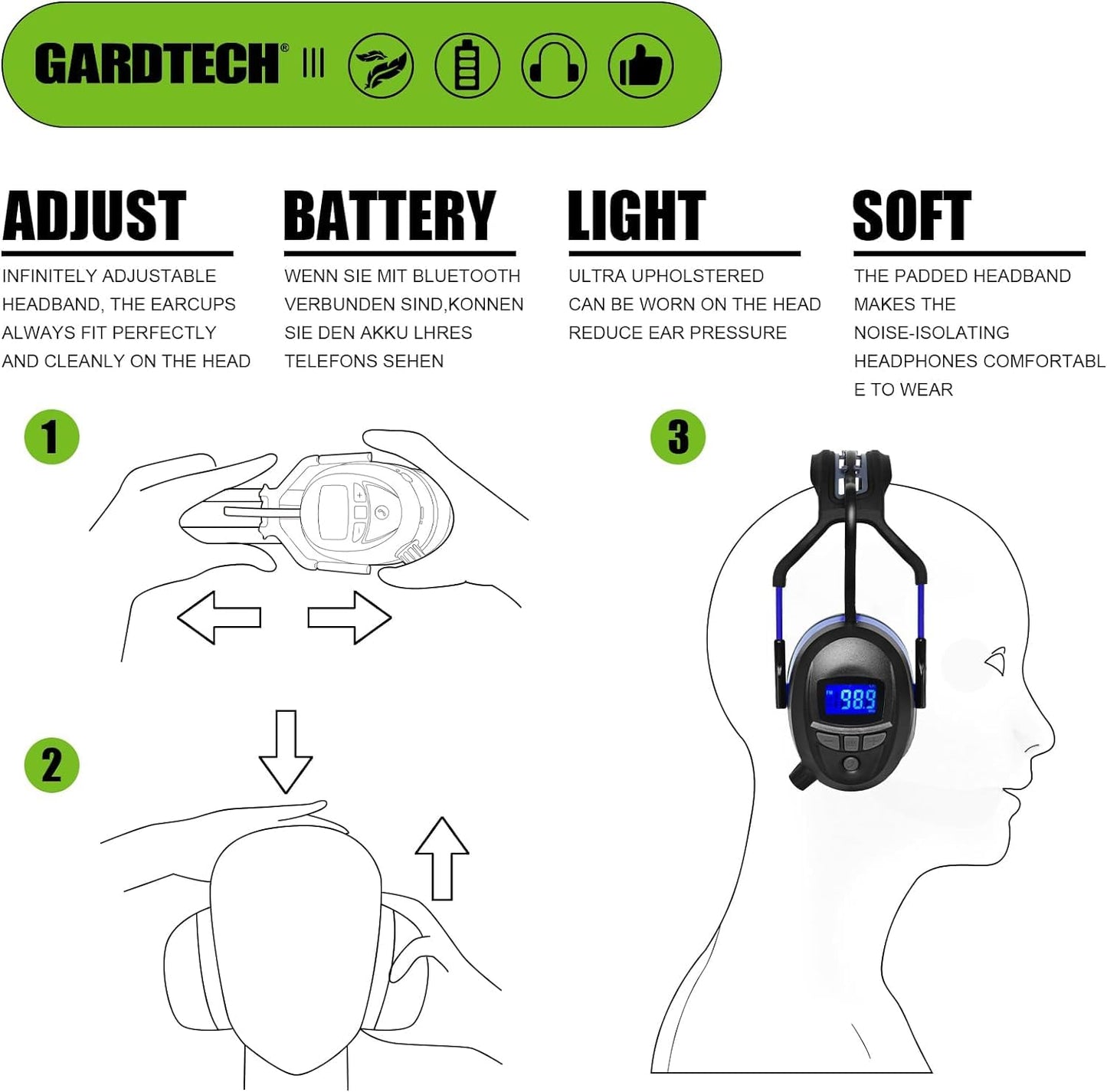 Gardtech ear protection, ear muffs with radio/Bluetooth/MP3/FM, safety ear muffs with NRR 29dB, noise cancelling headphones for men and women, protective headphones for shooting and mowing.
