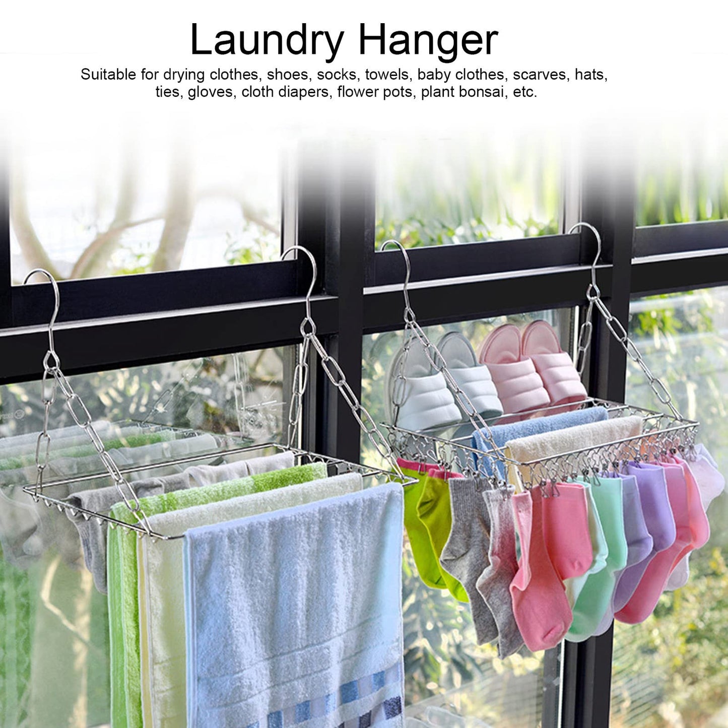 Lyrlody clothes hanger, stainless steel clothes hanger, collapsible sock holder, underwear hanger, hanger for drying towels, bras, lingerie (balcony drying sock holder with 100 clips)