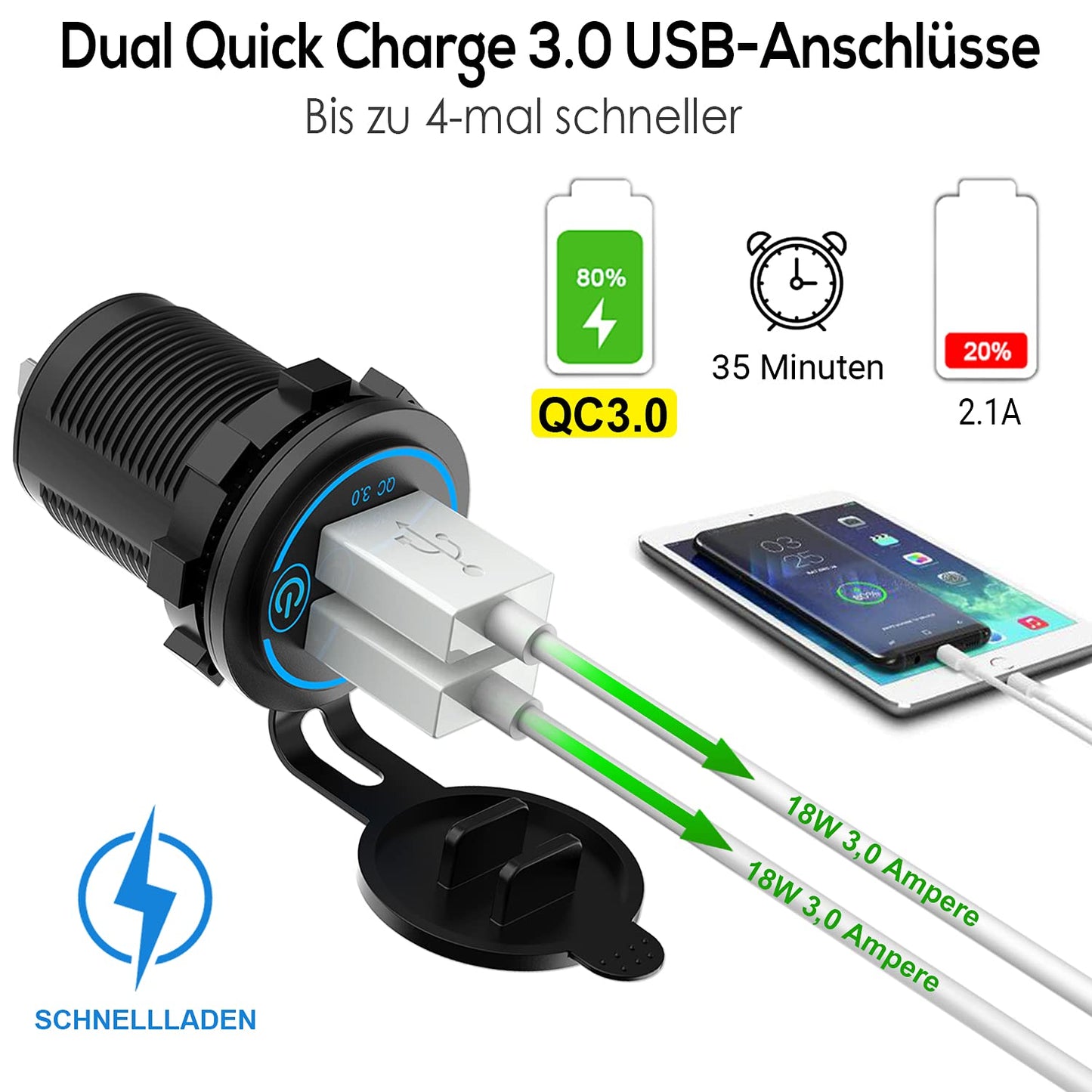 2X 36W Quick Charge 3.0 USB Outlet 12V/24V Car with Switch - QC 3.0 Car Charger Installation Socket Waterproof Cigarette Lighter USB Port for Motorcycle Boat Truck RV