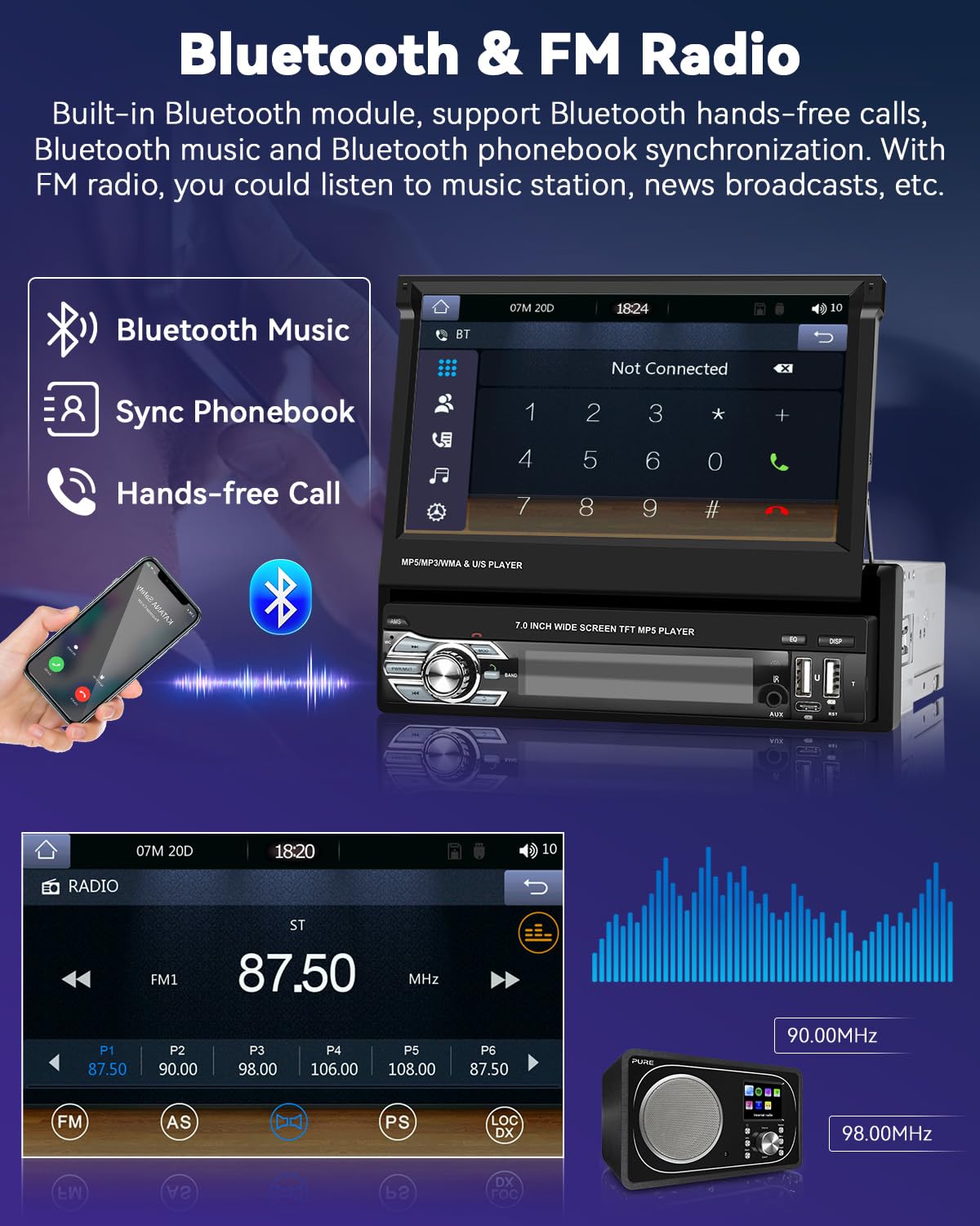 1Din wireless carplay android auto with retractable 7" screen car stereo with bluetooth hands-free calling USB Type-C interface AUX FM RDS mirror link backup camera
