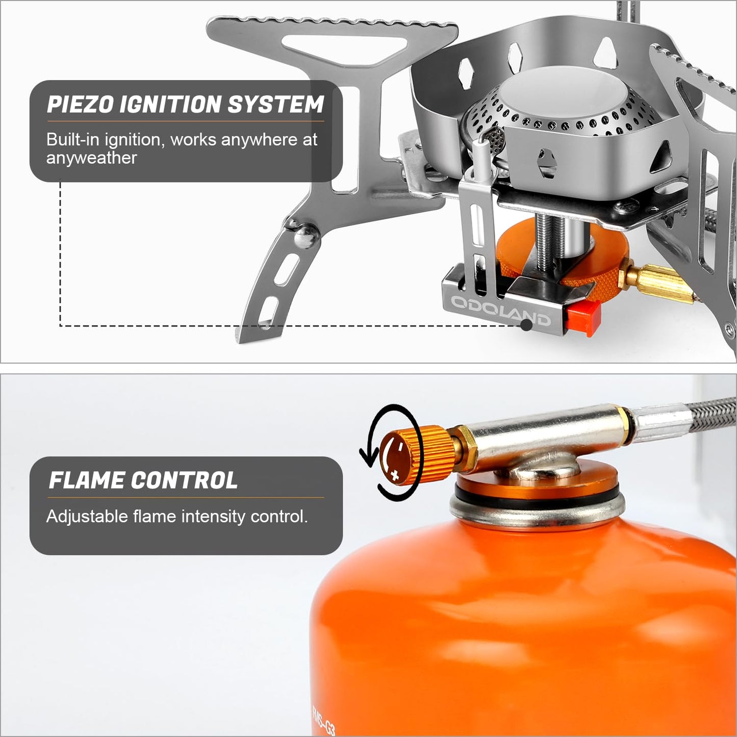 Odoland Camping Stove 3500W Gas Stove with Piezo Ignition, Windproof Gas Camping Stove for all Screw Cartridge Gas Burner, with Adapter Foldable Camping Stove Gray