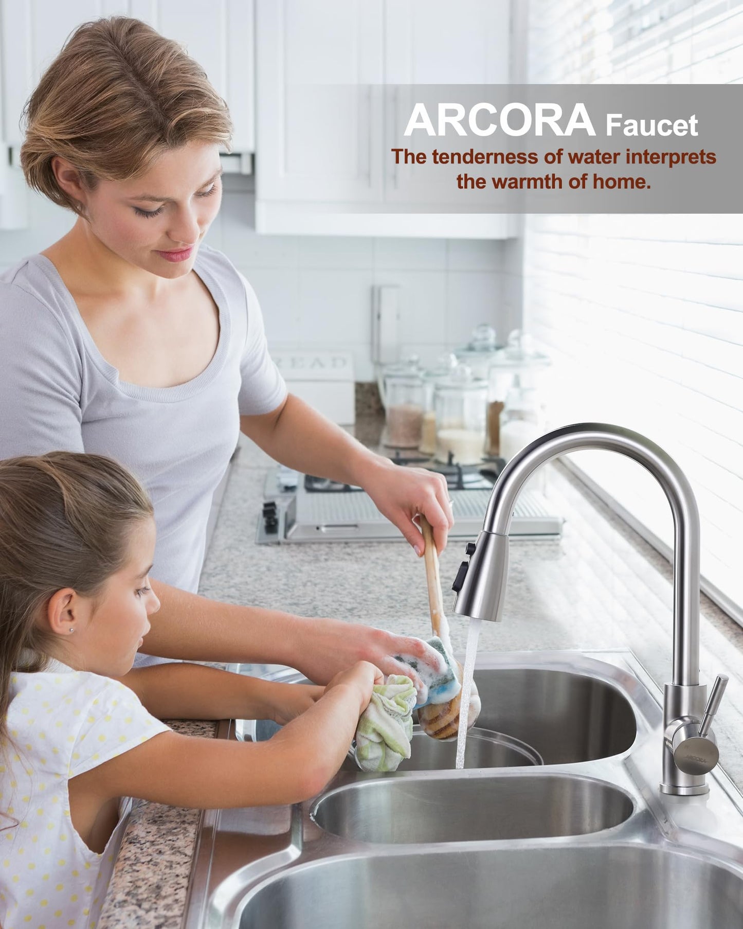 ARCORA kitchen faucet with pull-out, high-pressure kitchen tap made of stainless steel. 360° swiveling kitchen faucet mixer with 2 spray modes in brushed nickel.