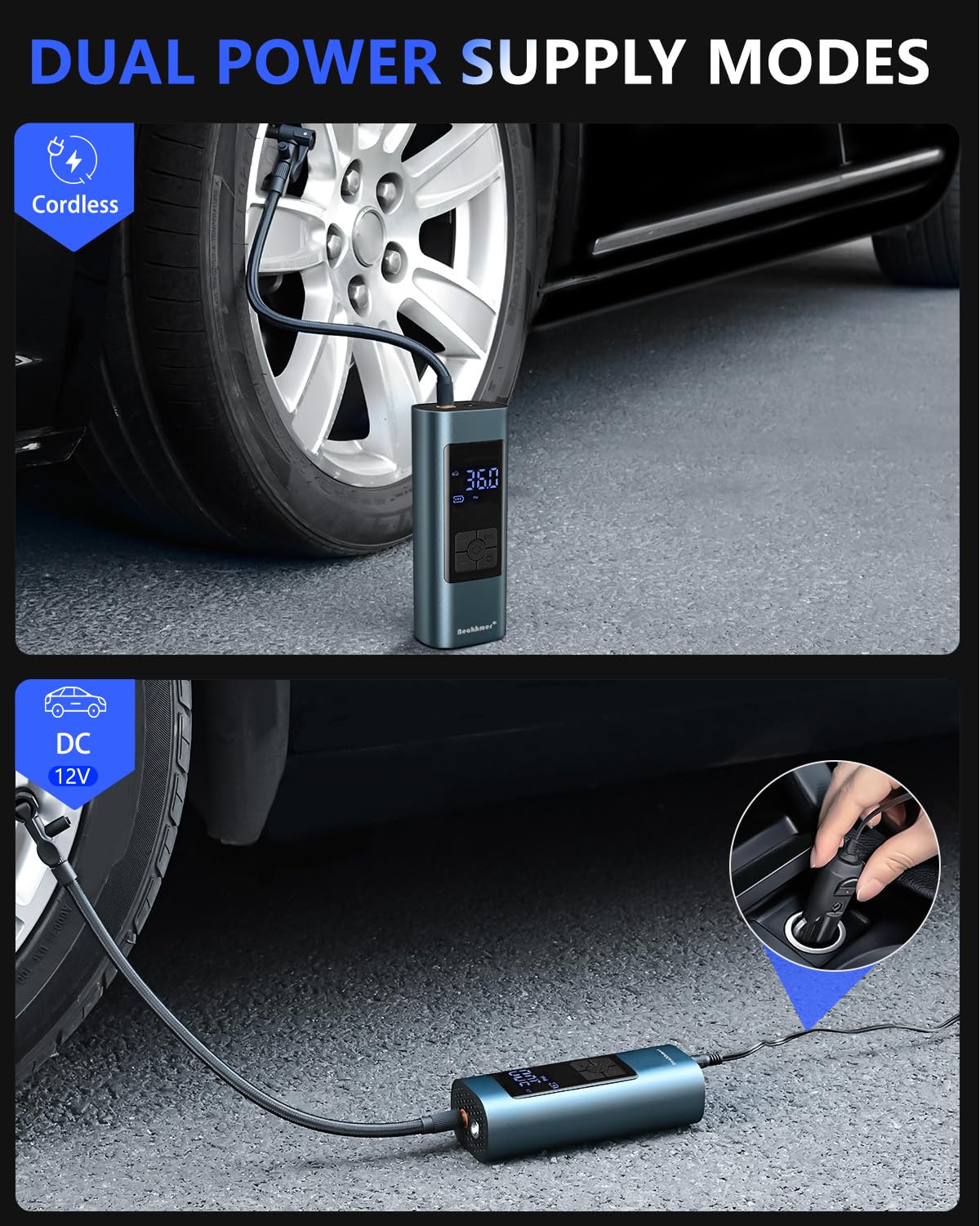 Portable air compressor mini tire pump 12V 6000mAh rechargeable electric compressor bike pump 140PSI air pump with gauge for car bike motorcycle balls, auto off, USB power bank