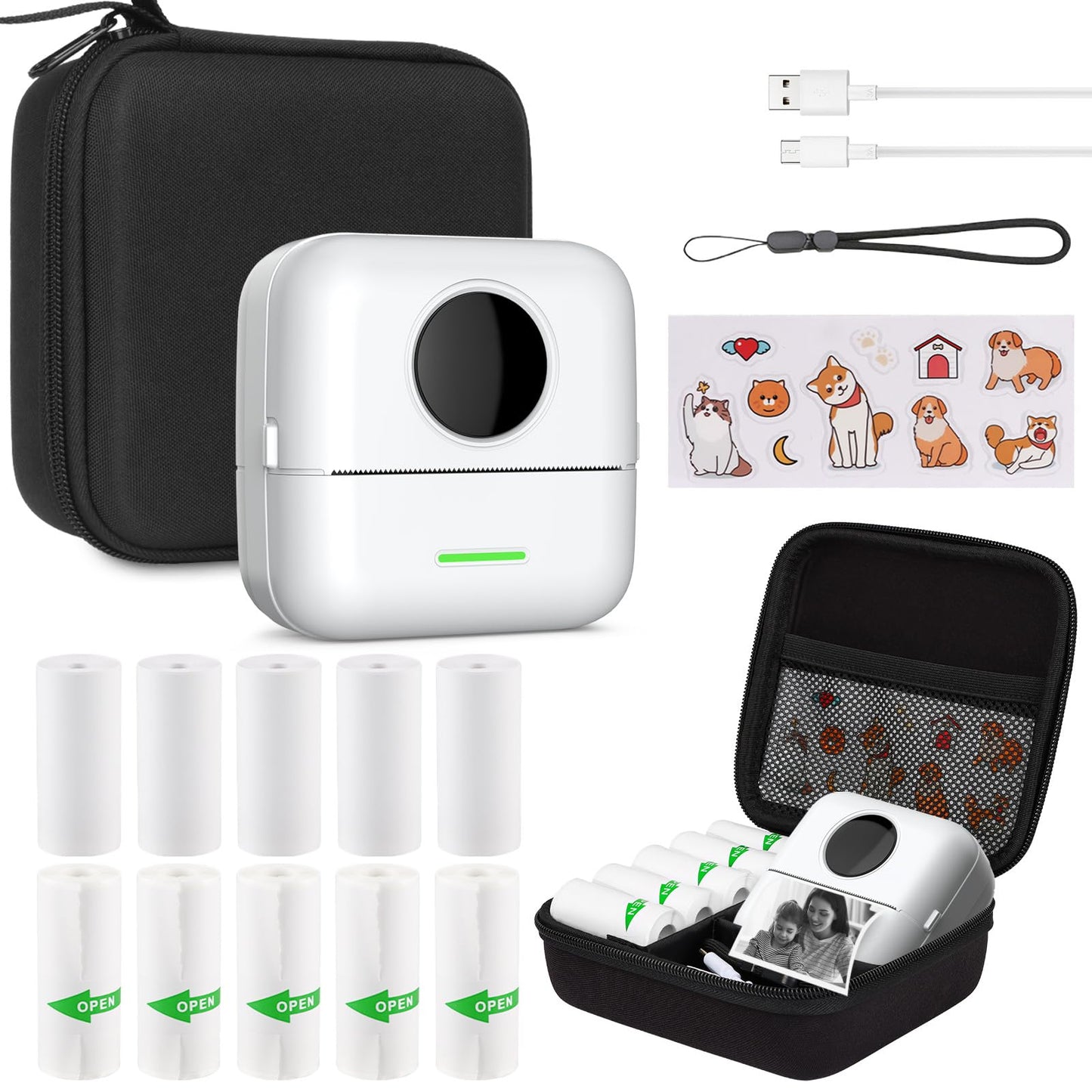 Mini printer with bag, mini label printer bag Portable mini photo printer 10 rolls of printer paper Bluetooth photo printer thermal printer for learning aids learning notes journal memo (White with Bag)