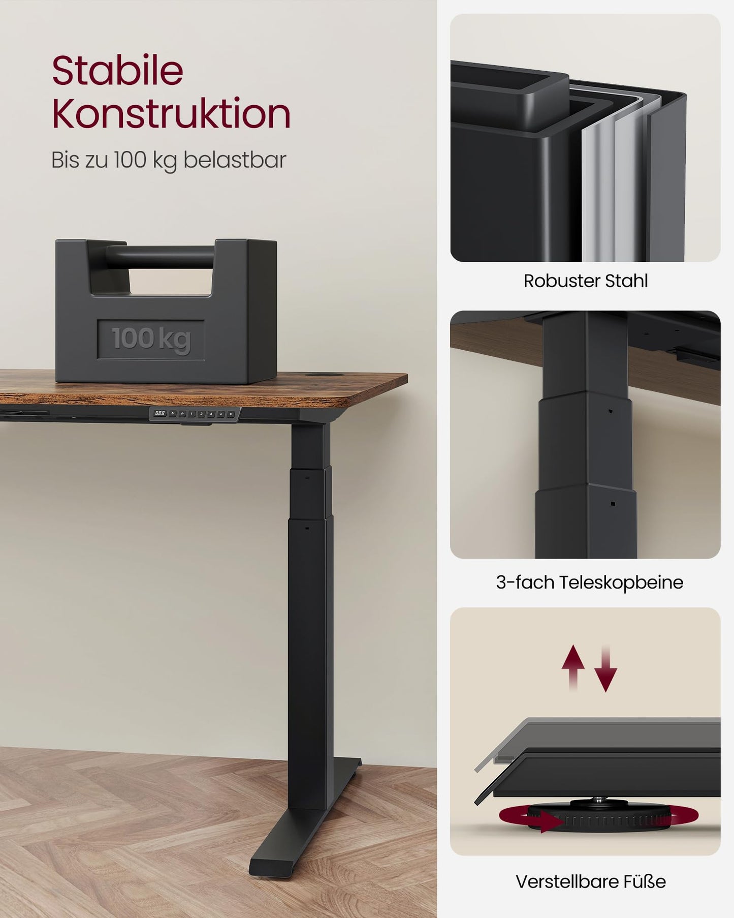 VASAGLE height adjustable electric desk, table base, dual motor, 3-stage telescopic legs, memory function with 4 heights, black LSD020B01