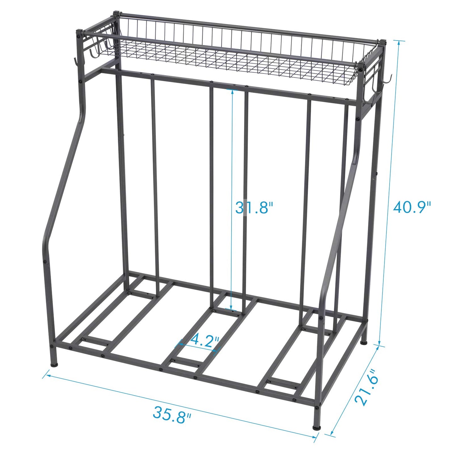 Bike rack, bicycle parking stand with 3 bike slots, extra wide basket, 6 hooks, adjustable bike slot for garage storage mountain bike, kids' bikes, bike stand